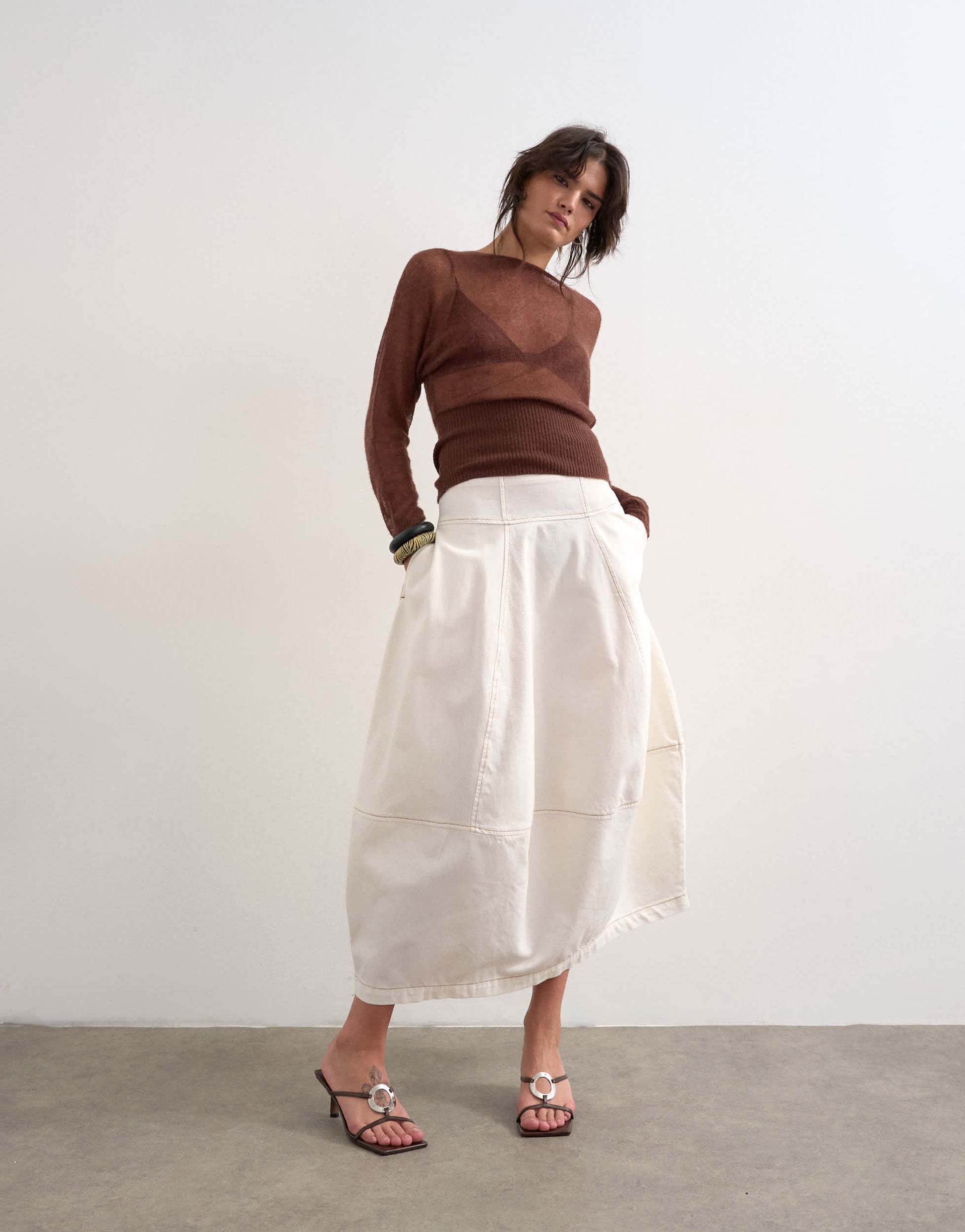 Topshop denim seamed barrel maxi skirt in bone