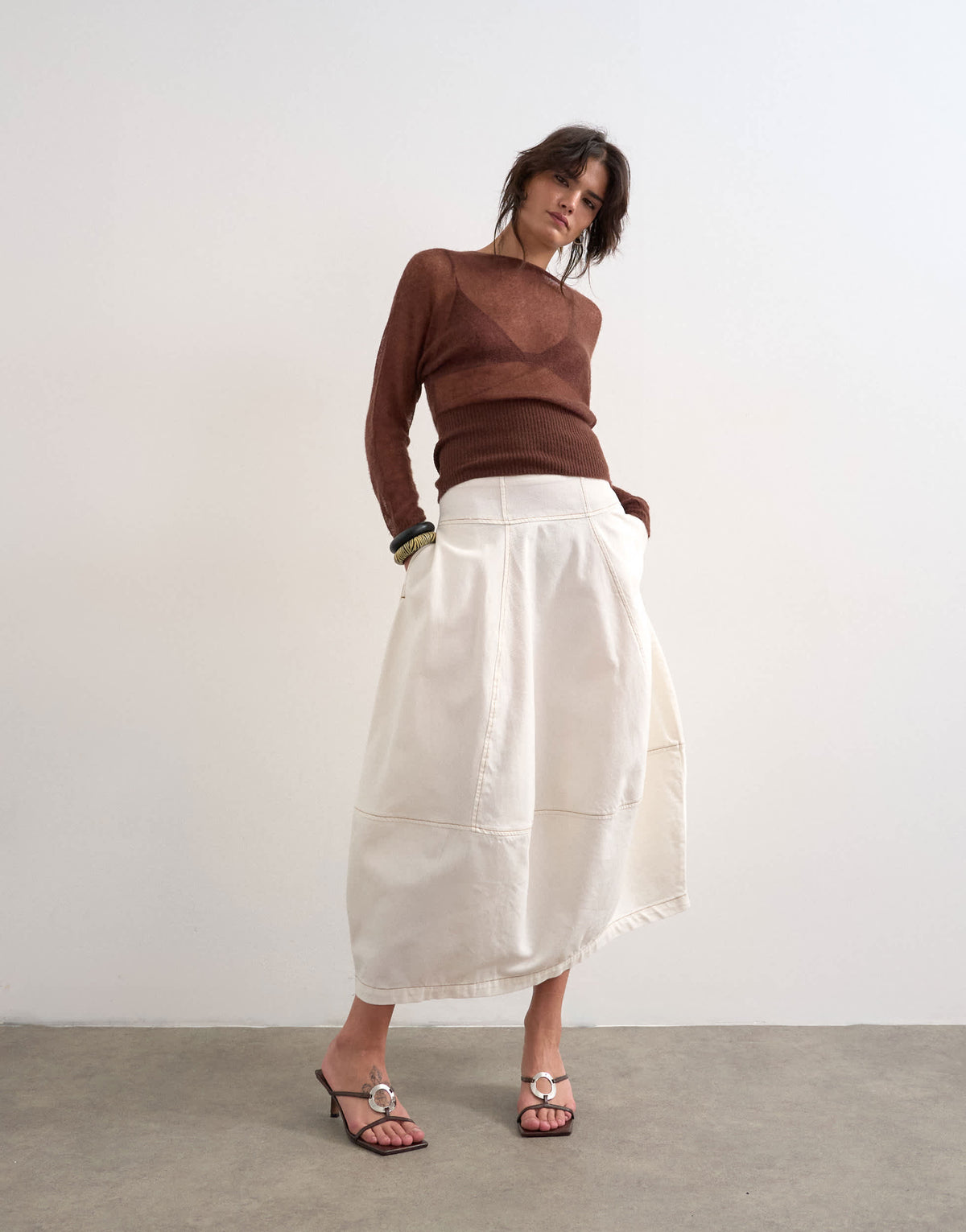 Topshop denim seamed barrel maxi skirt in bone