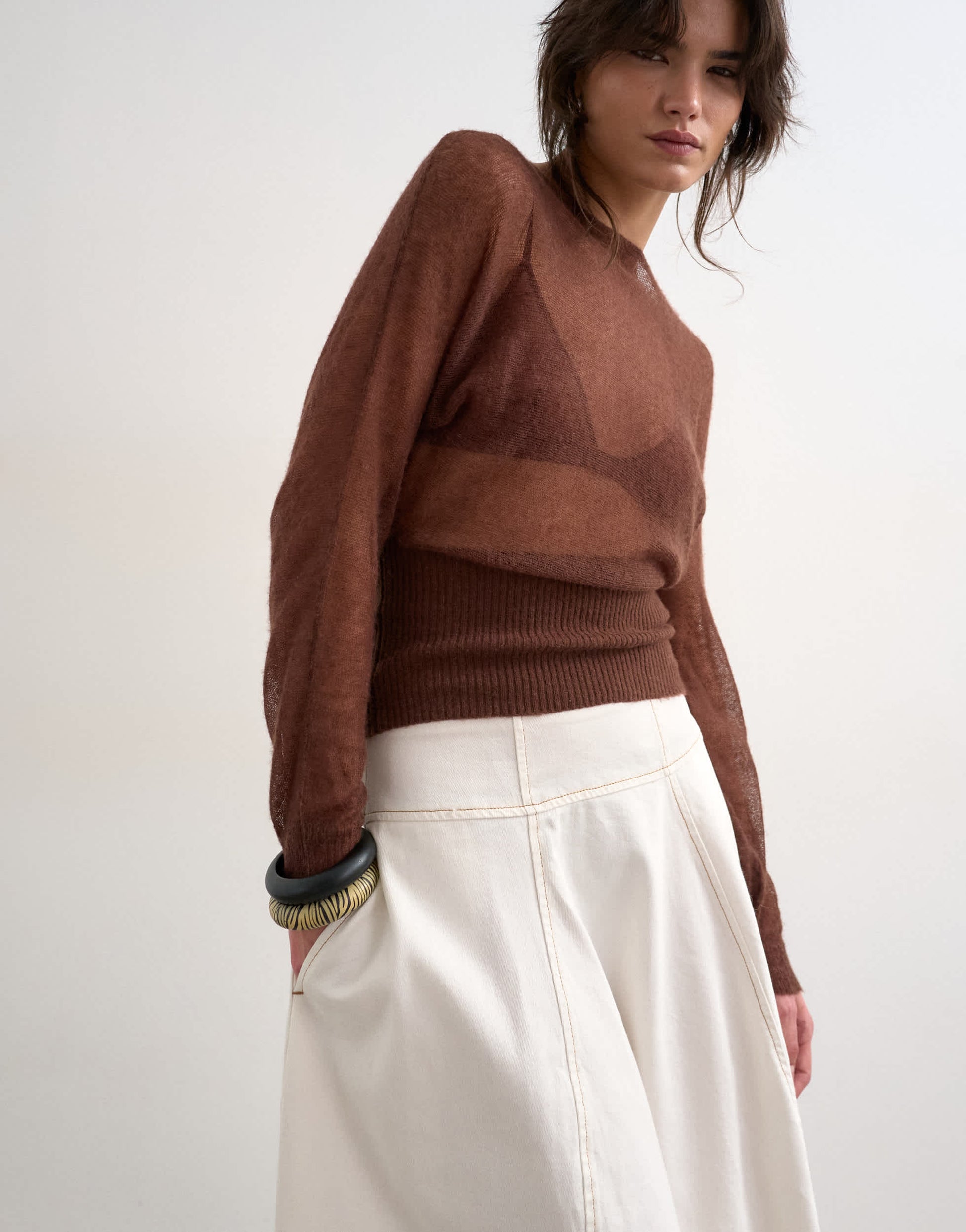 Topshop denim seamed barrel maxi skirt in bone
