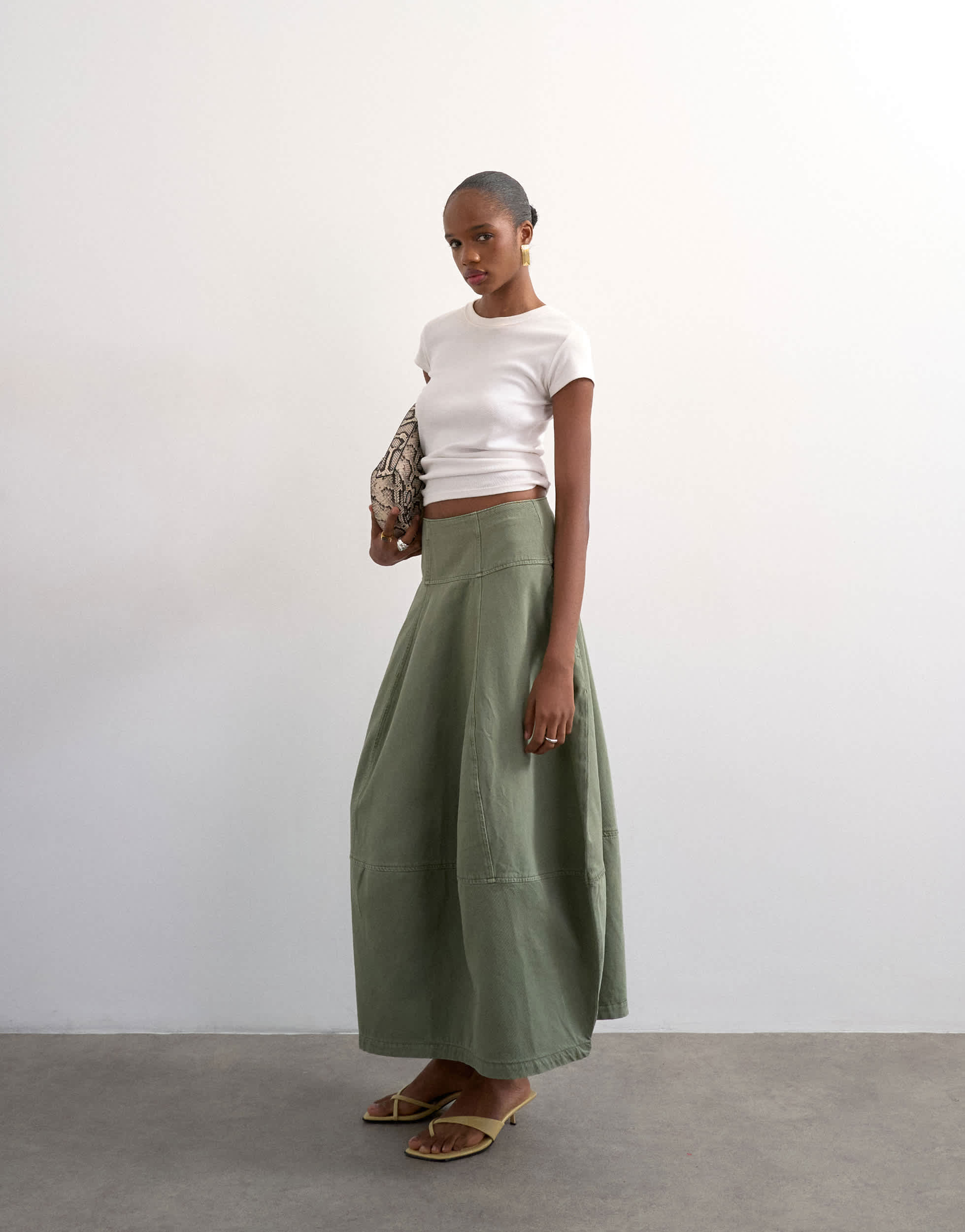 Topshop denim seamed barrel maxi skirt in khaki