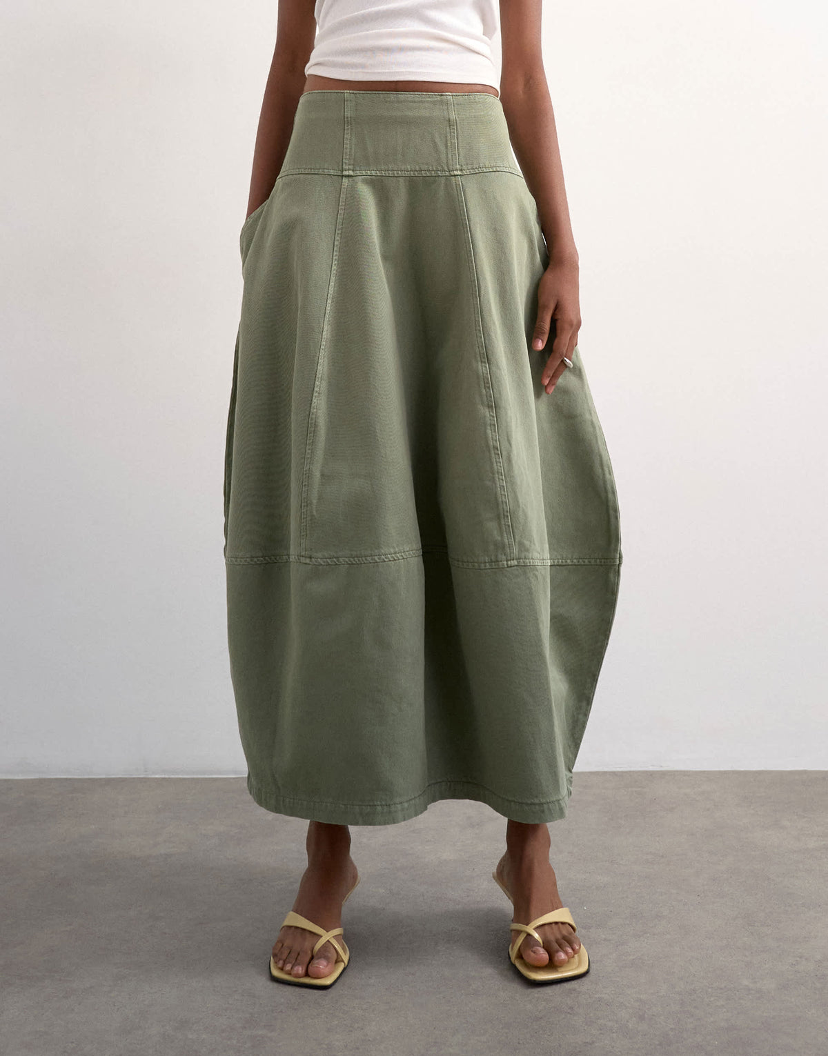 Topshop denim seamed barrel maxi skirt in khaki
