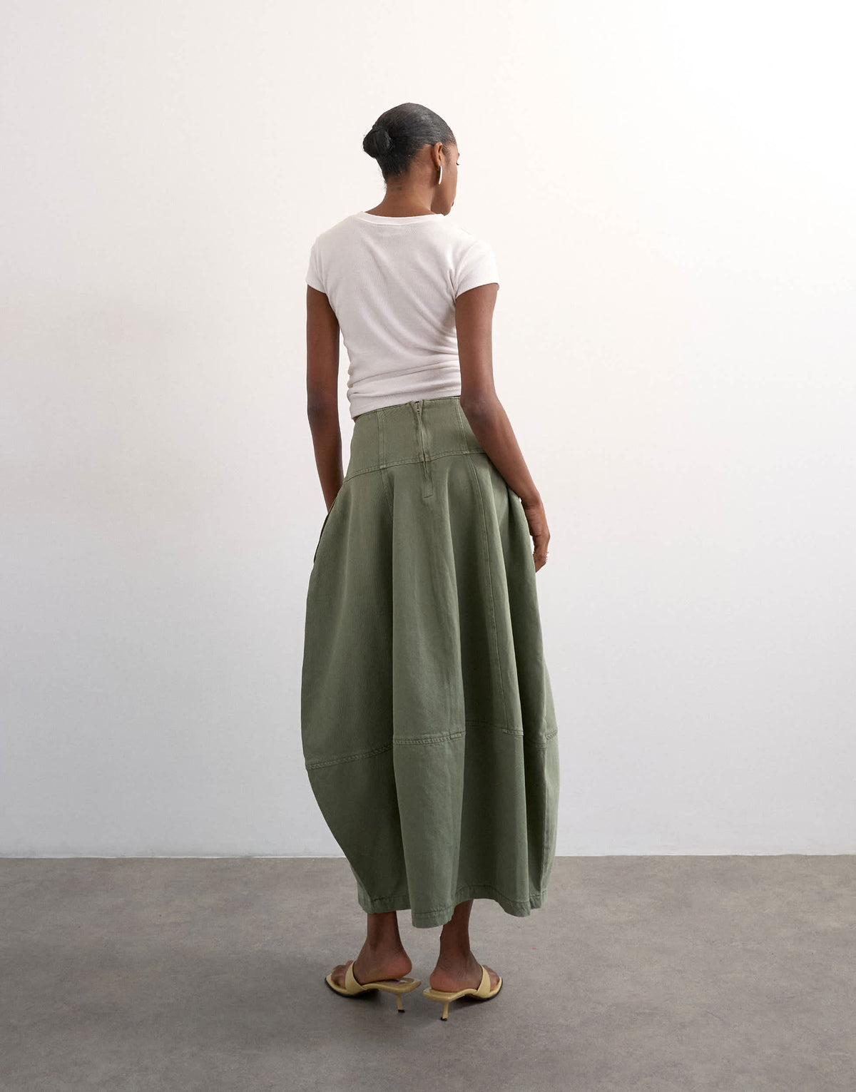 Topshop denim seamed barrel maxi skirt in khaki