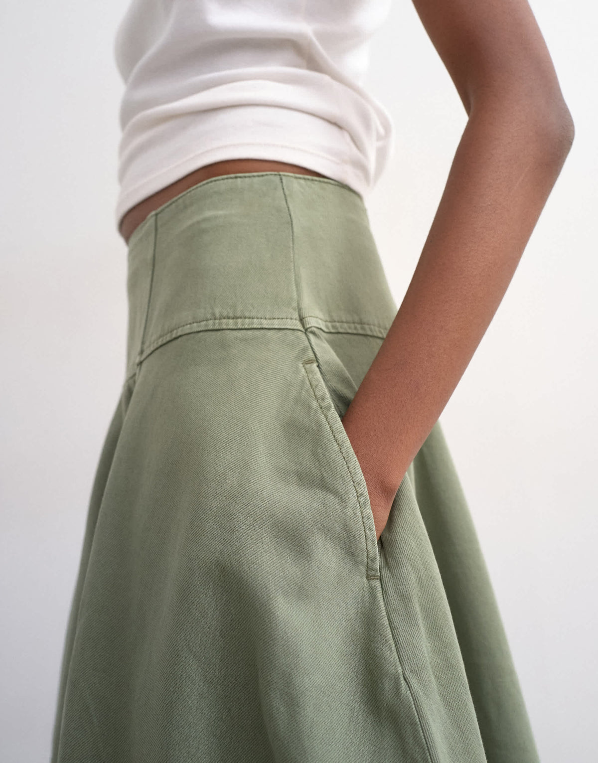 Topshop denim seamed barrel maxi skirt in khaki