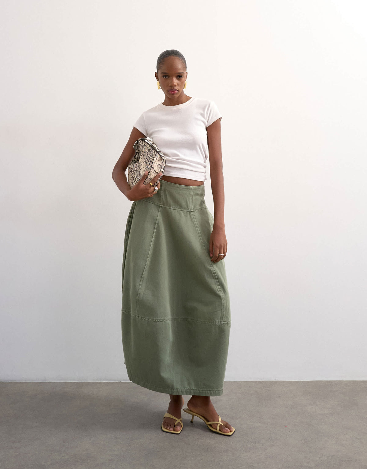 Topshop denim seamed barrel maxi skirt in khaki