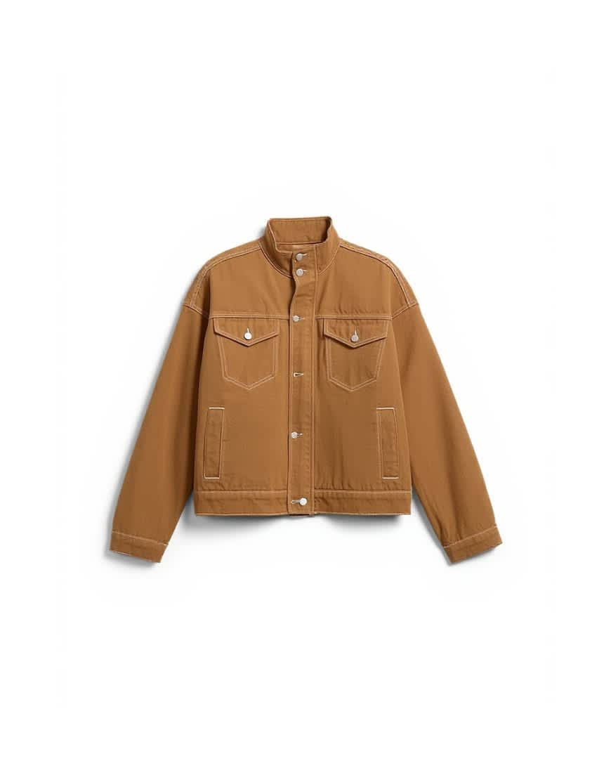 Topshop denim funnel neck elastic hem detail jacket tobacco