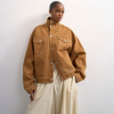 Topshop denim funnel neck elastic hem detail jacket tobacco