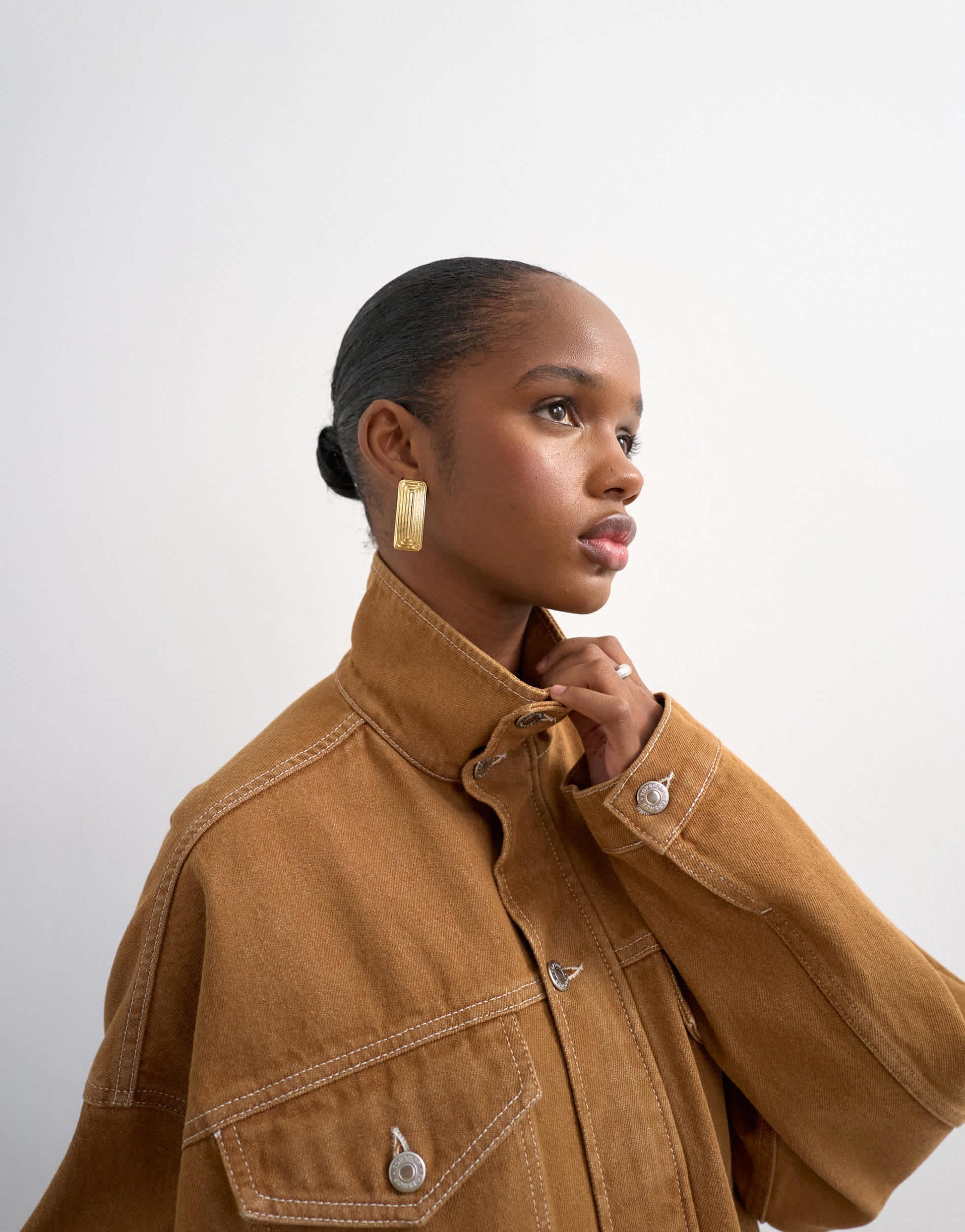 Topshop denim funnel neck elastic hem detail jacket tobacco