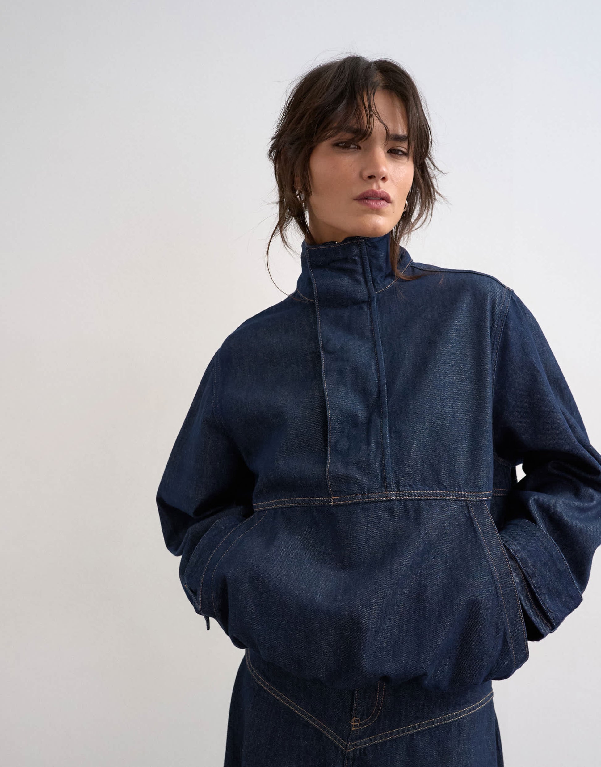 Topshop denim bubble hem top with funnel neck in indigo rinse
