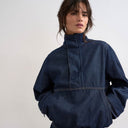 Topshop denim bubble hem top with funnel neck in indigo rinse