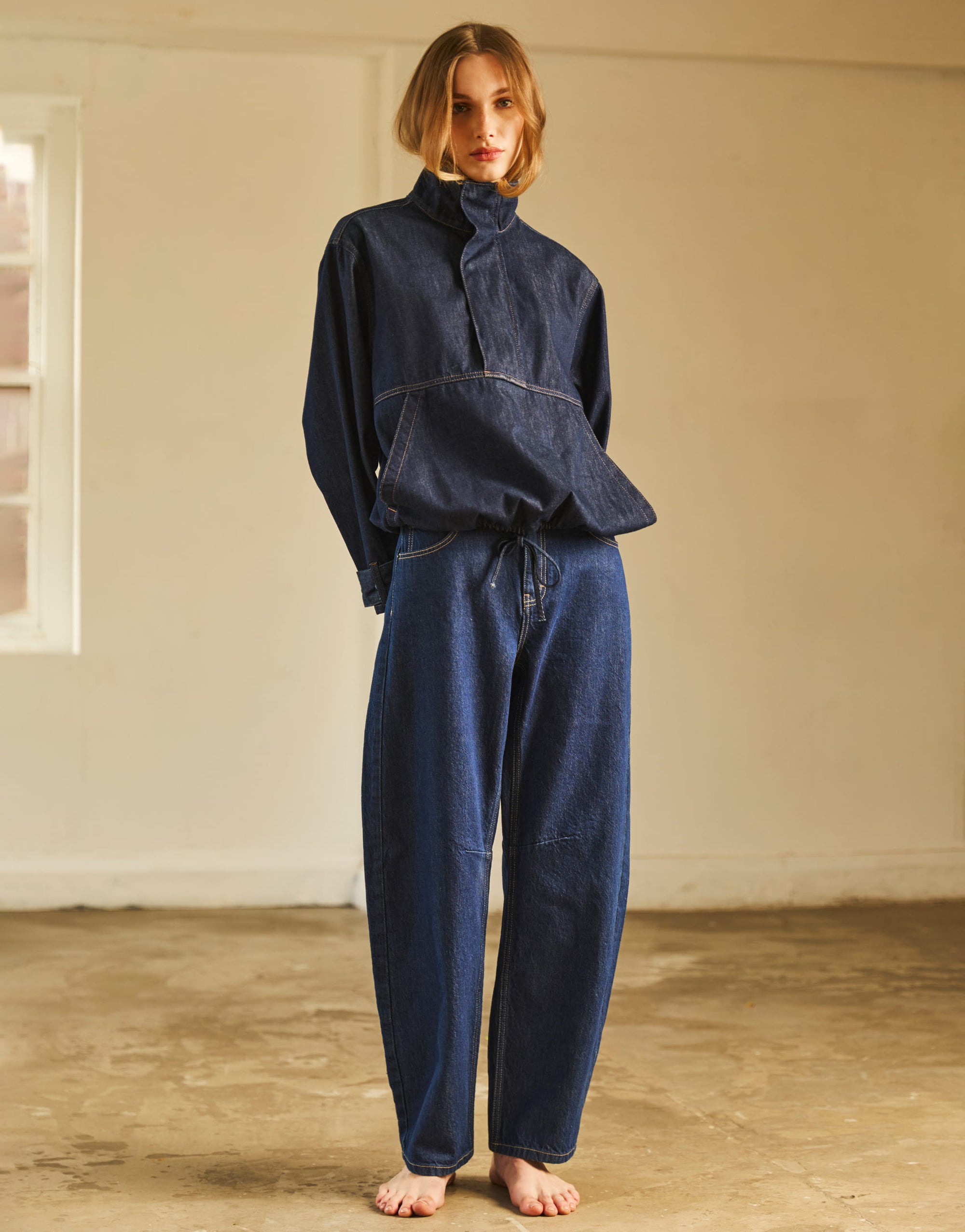 Topshop denim bubble hem top with funnel neck in indigo rinse