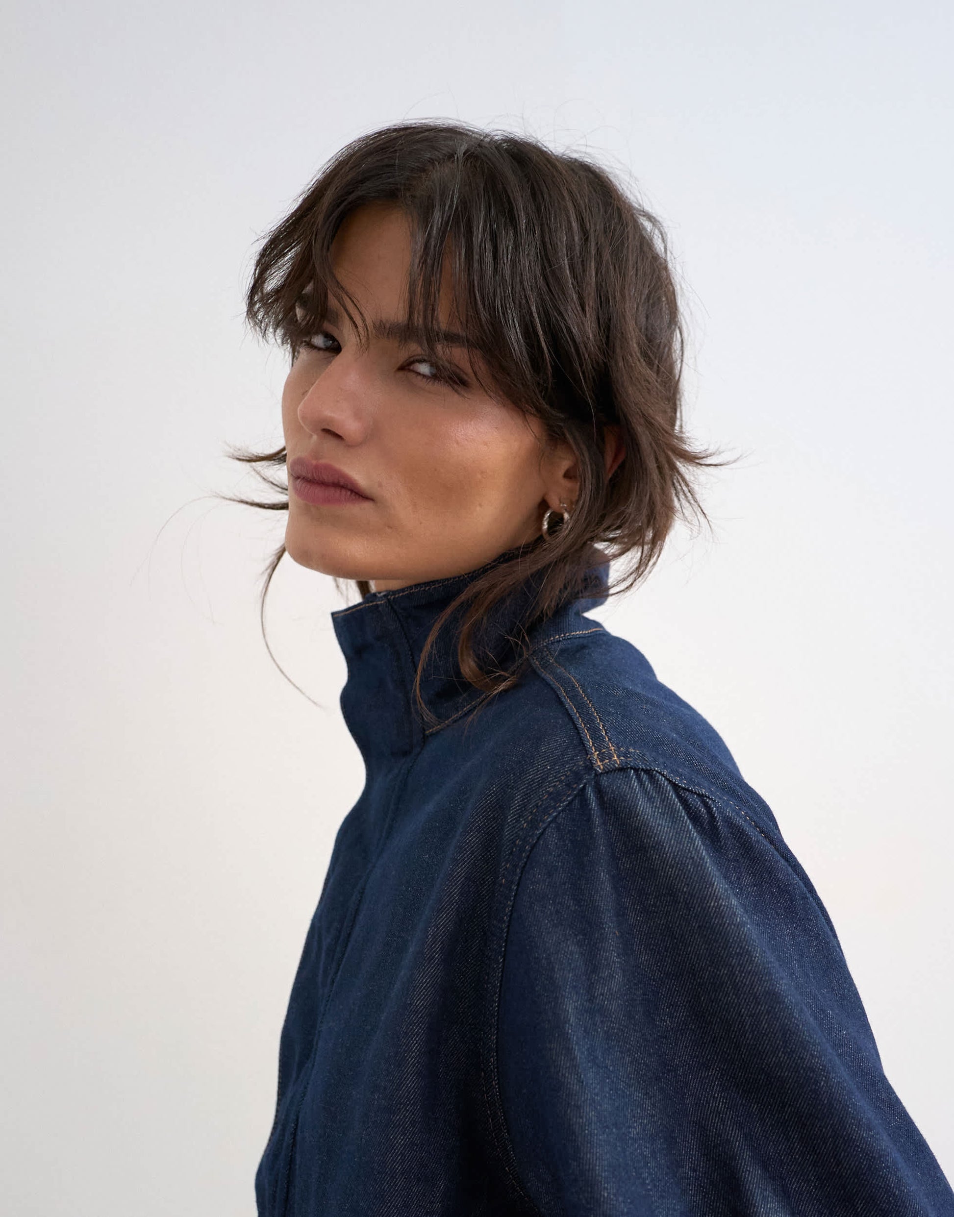 Topshop denim bubble hem top with funnel neck in indigo rinse