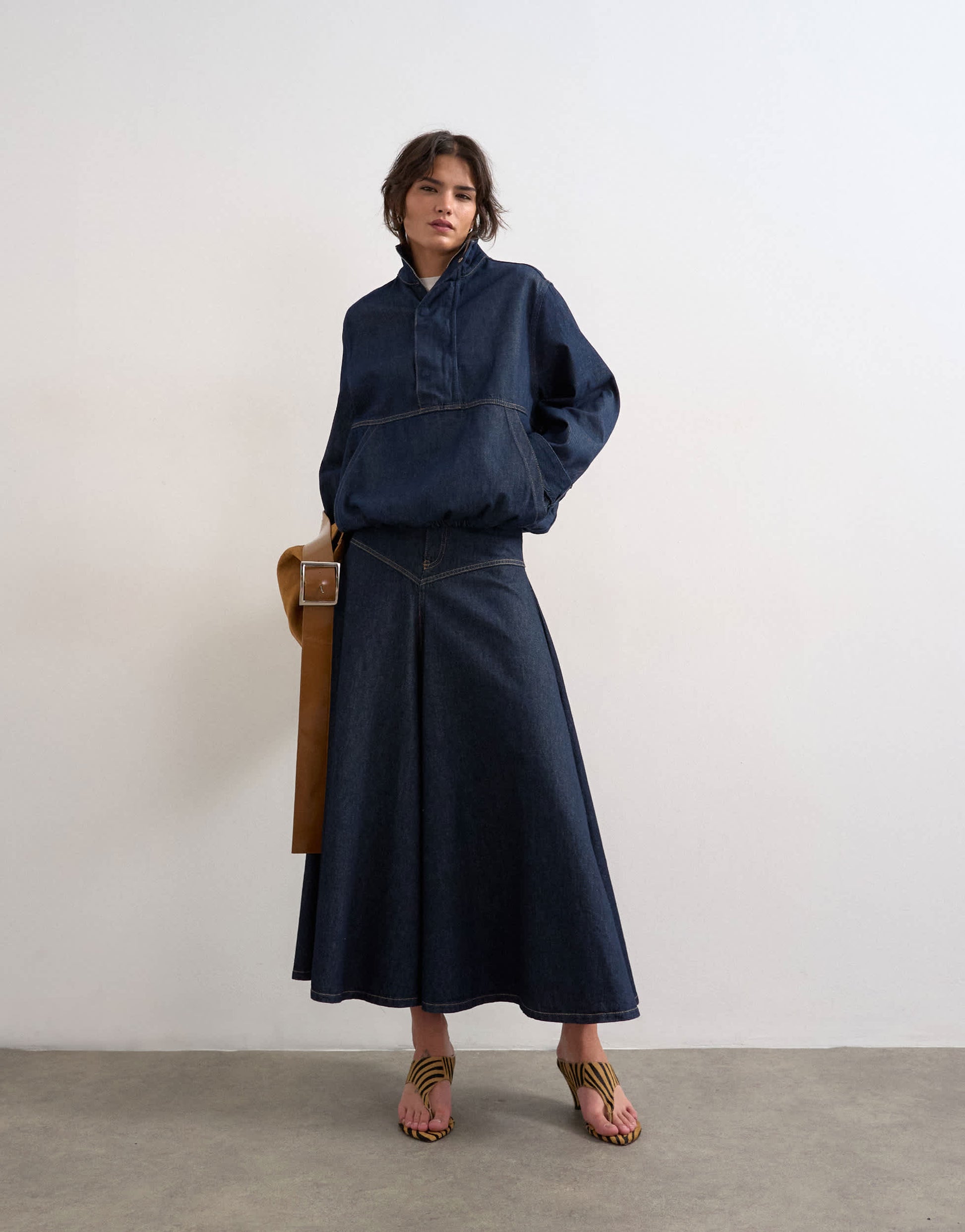 Topshop denim bubble hem top with funnel neck in indigo rinse