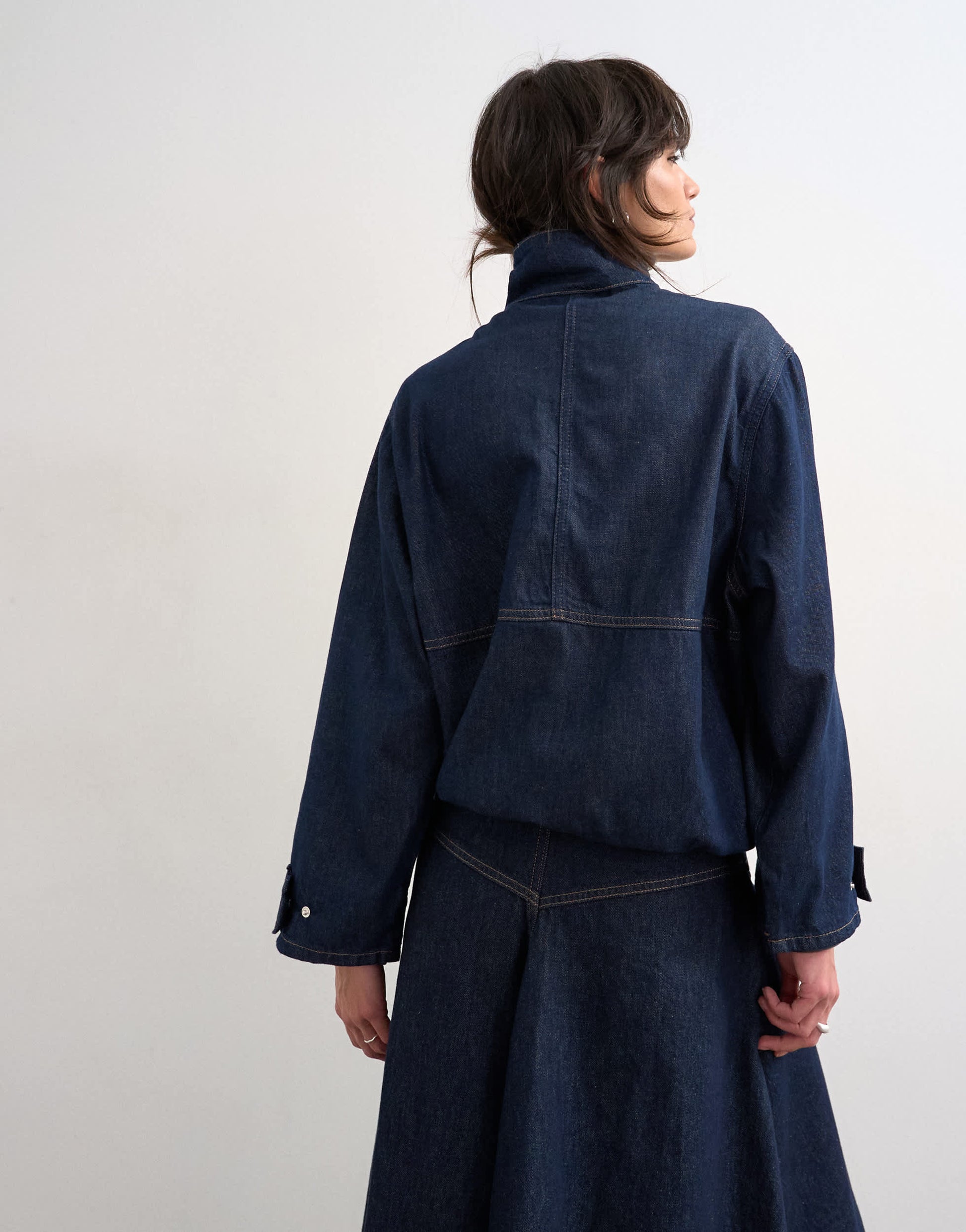 Topshop denim bubble hem top with funnel neck in indigo rinse