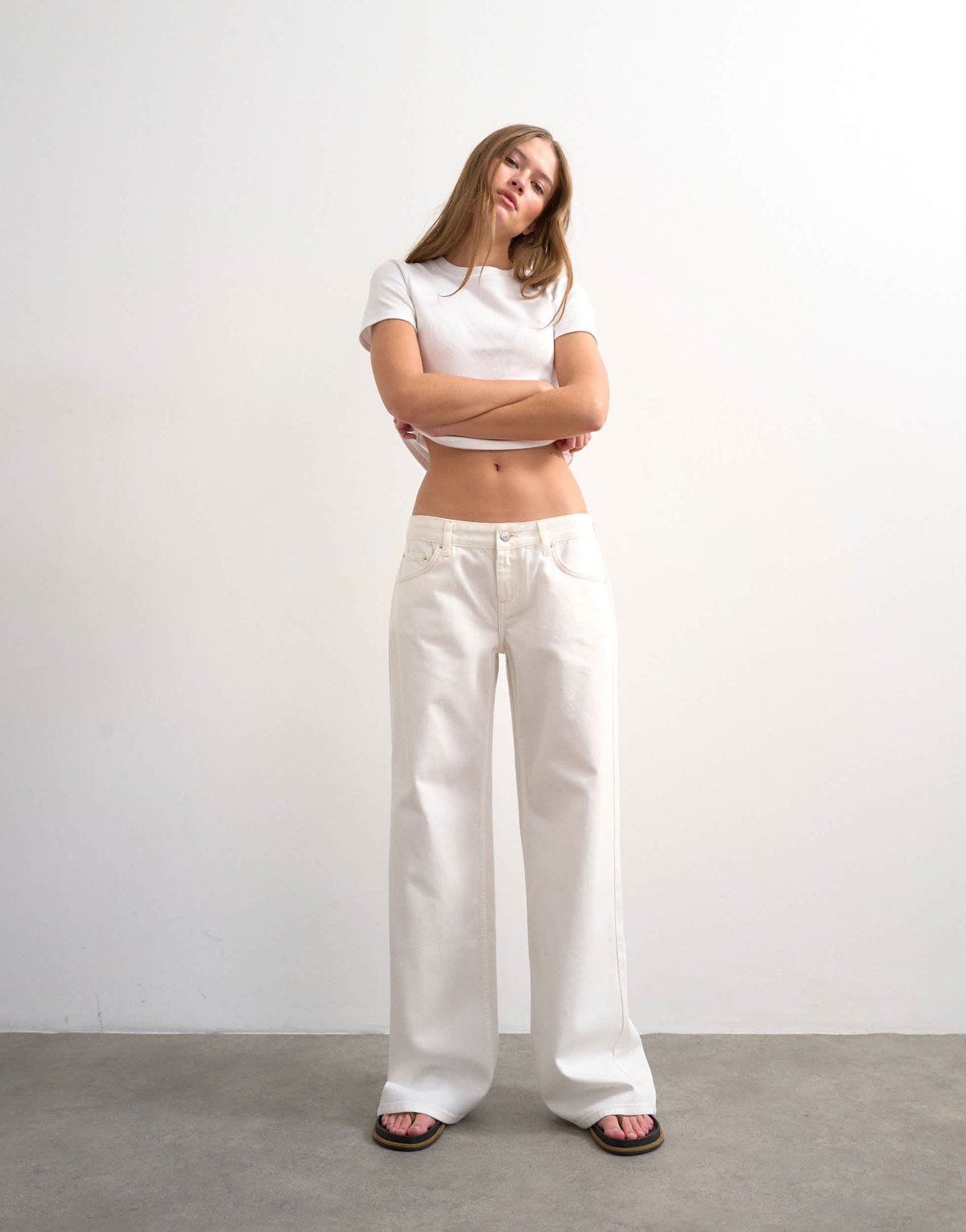 Topshop low rise wide leg jean in bone
