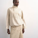 Topshop denim bubble hem top with funnel neck in ecru stripe