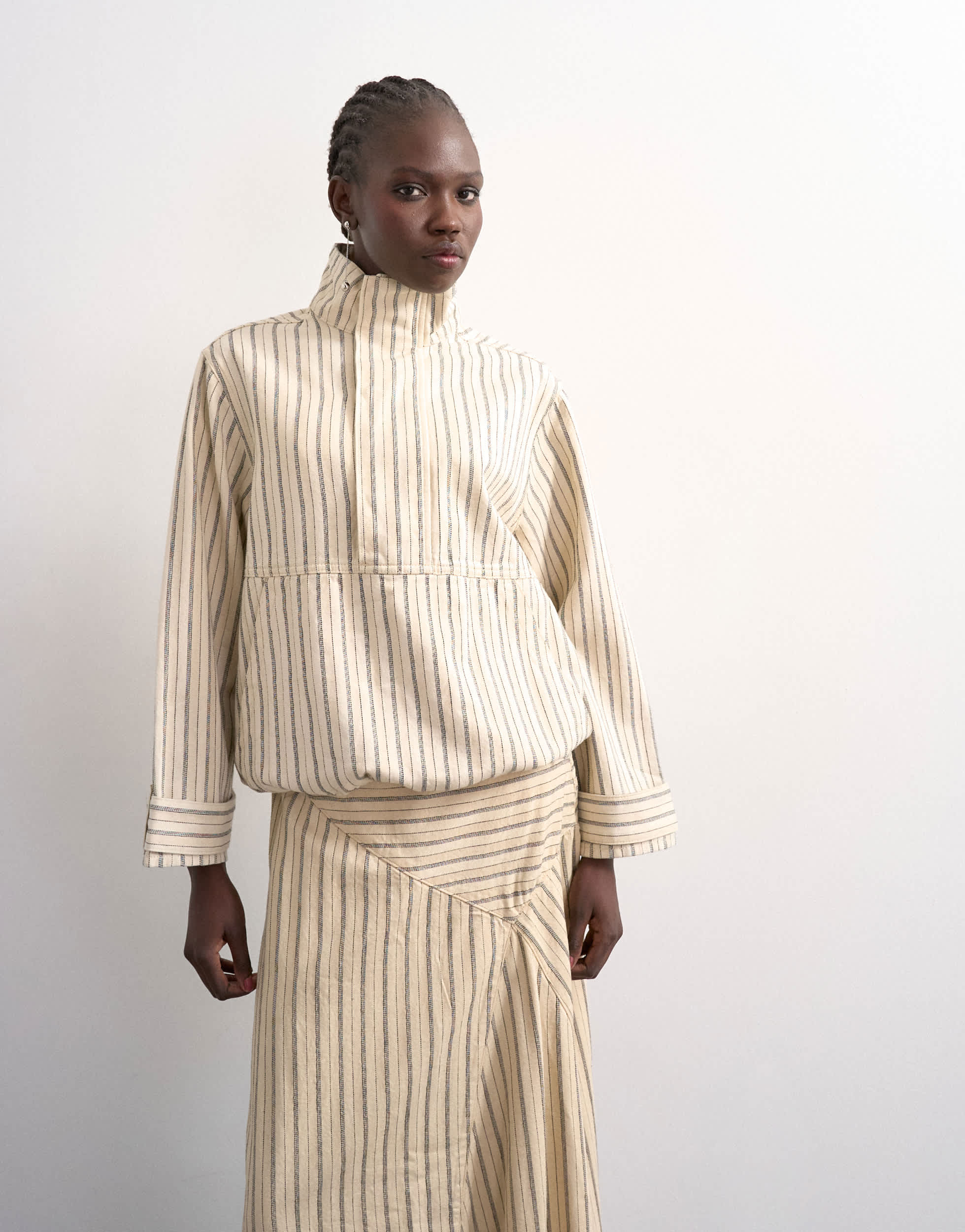 Topshop denim bubble hem top with funnel neck in ecru stripe