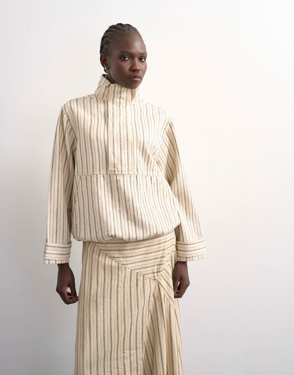 Topshop denim bubble hem top with funnel neck in ecru stripe