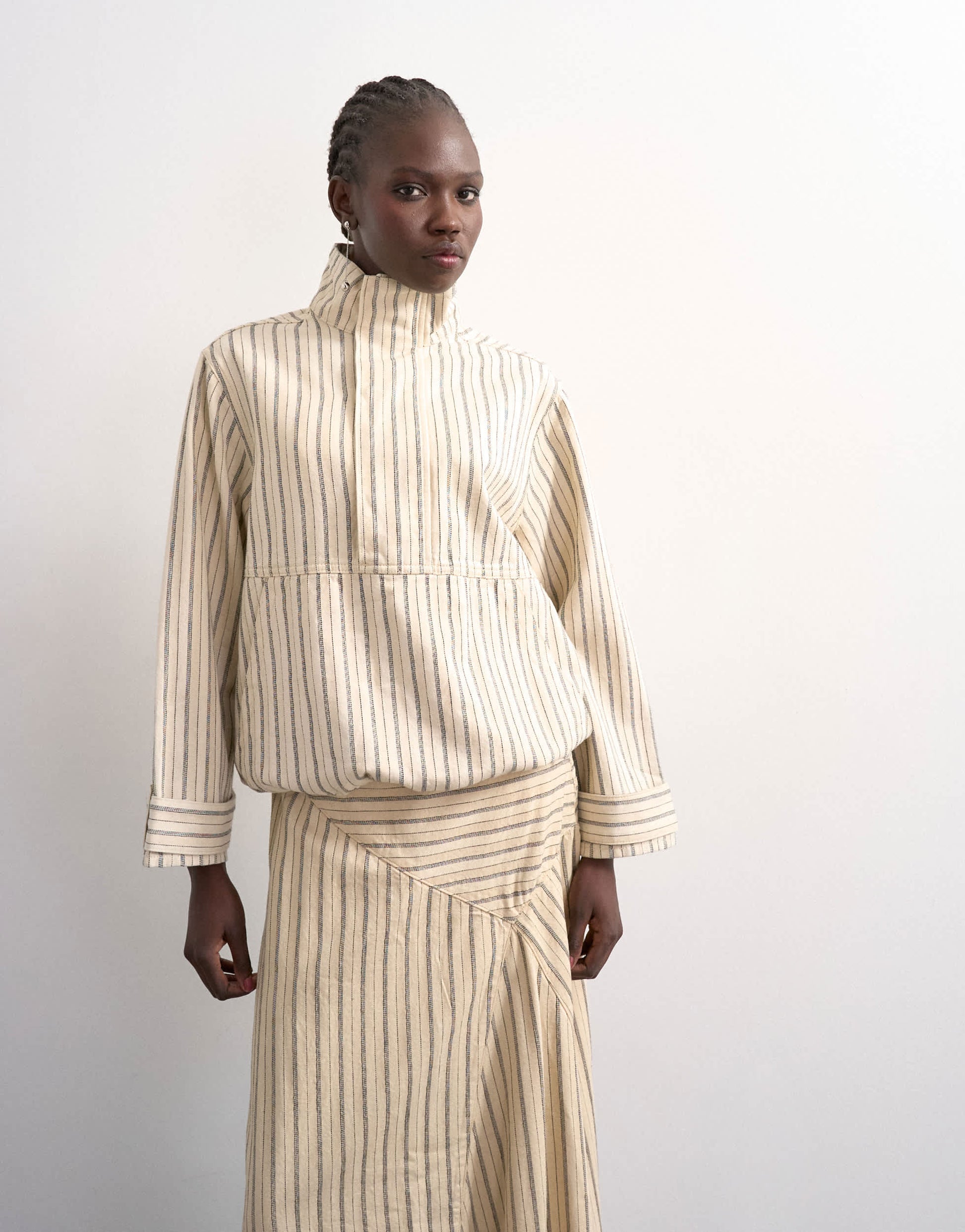 Topshop denim bubble hem top with funnel neck in ecru stripe