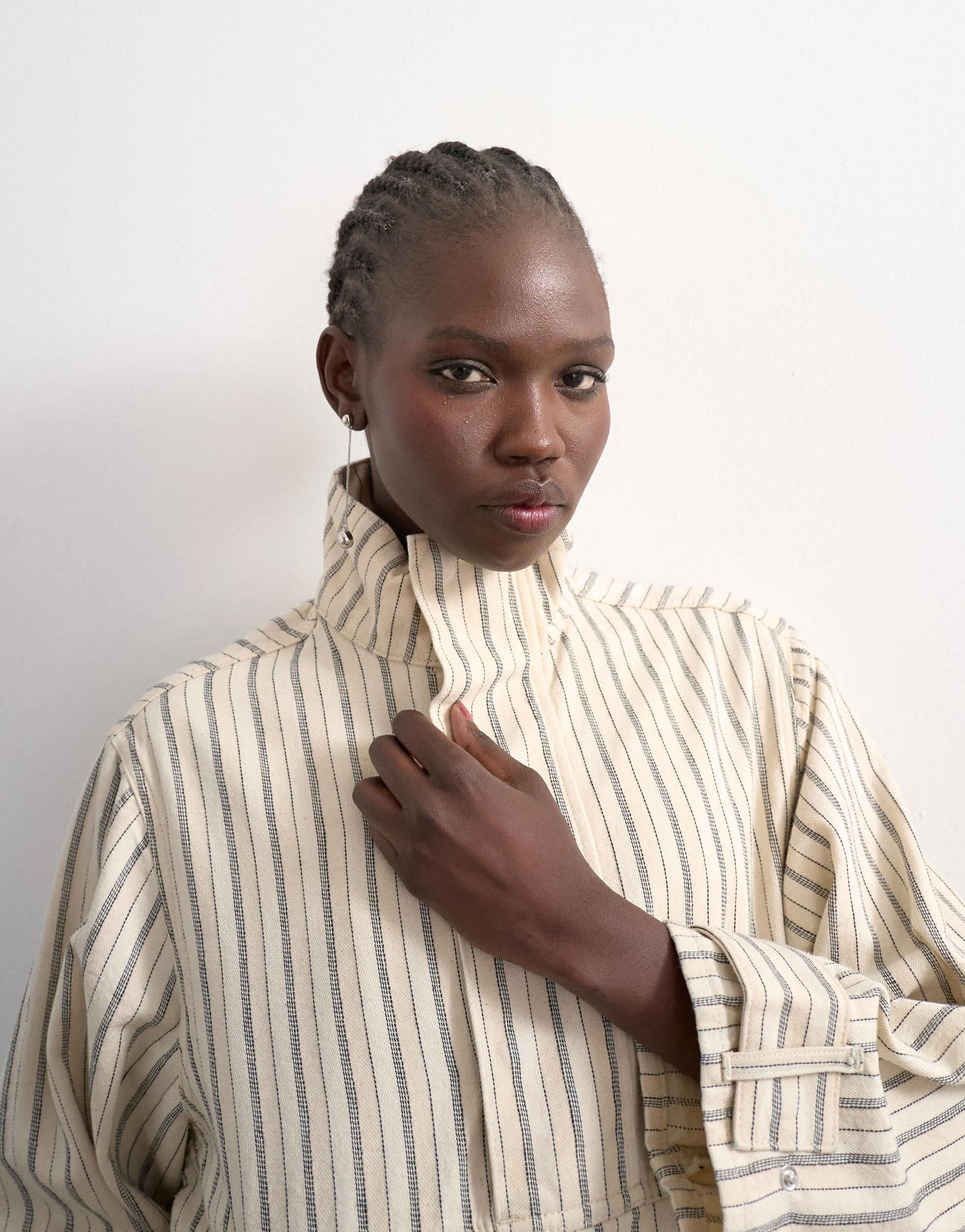 Topshop denim bubble hem top with funnel neck in ecru stripe