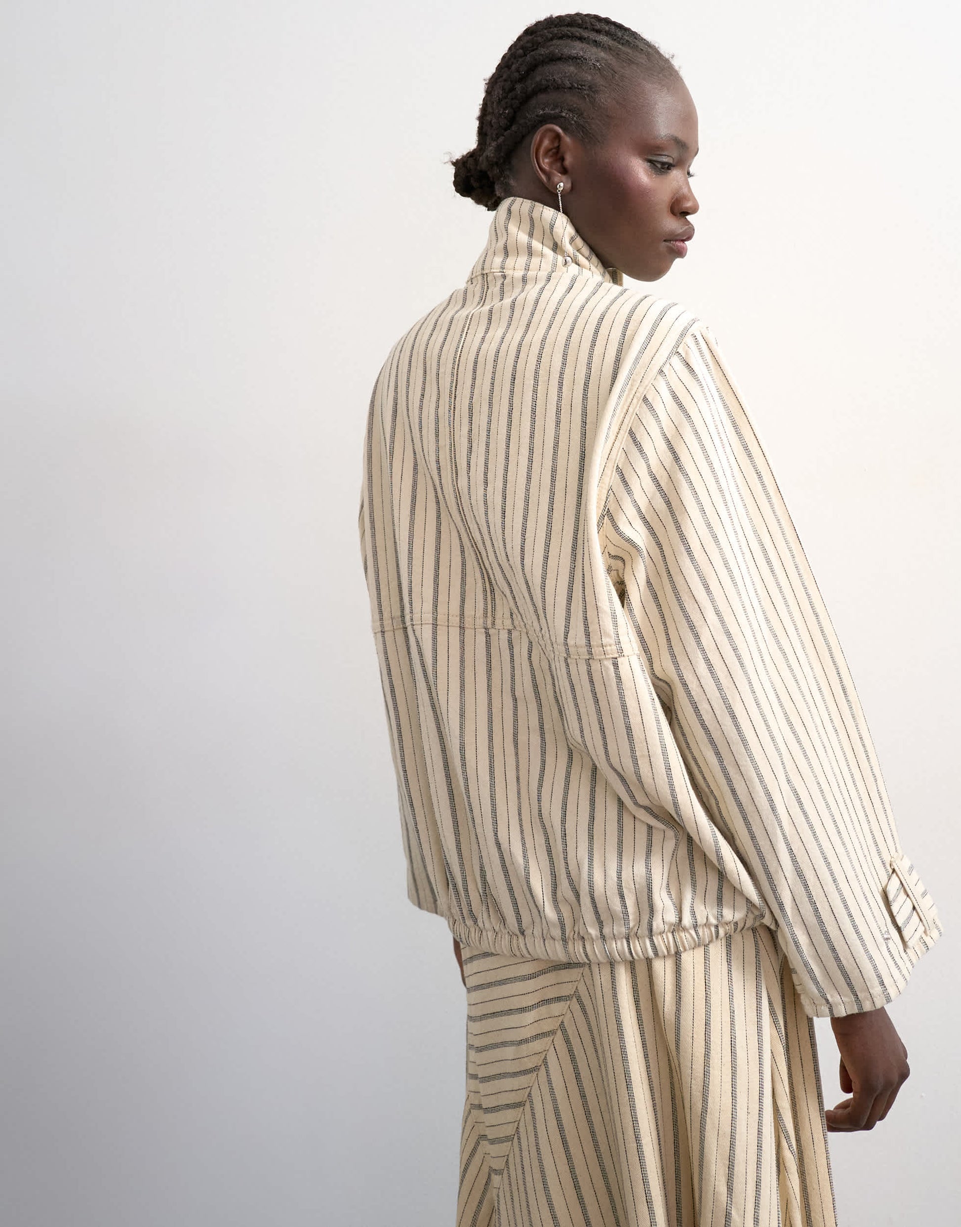 Topshop denim bubble hem top with funnel neck in ecru stripe