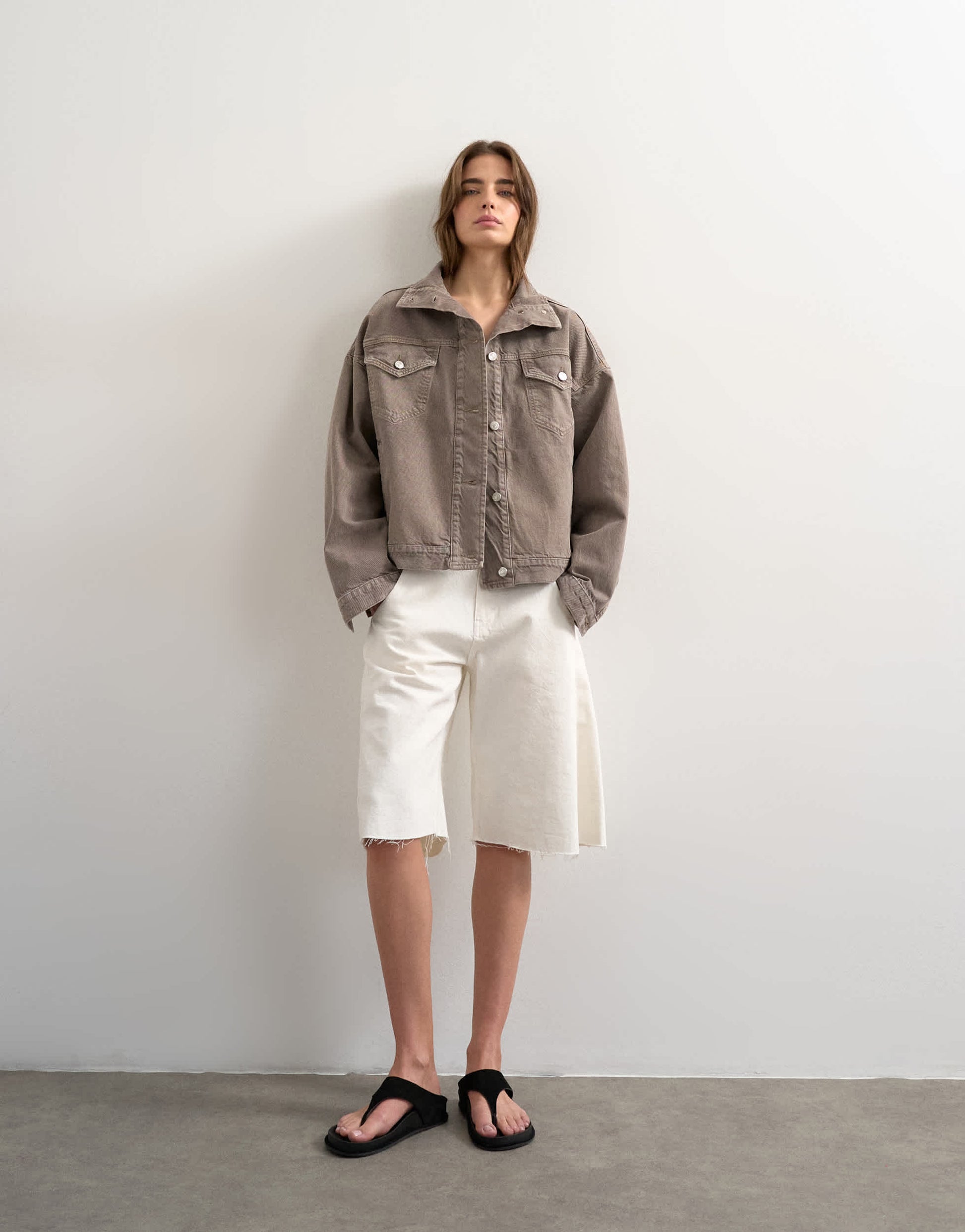 Topshop denim funnel neck elastic hem detail jacket stone