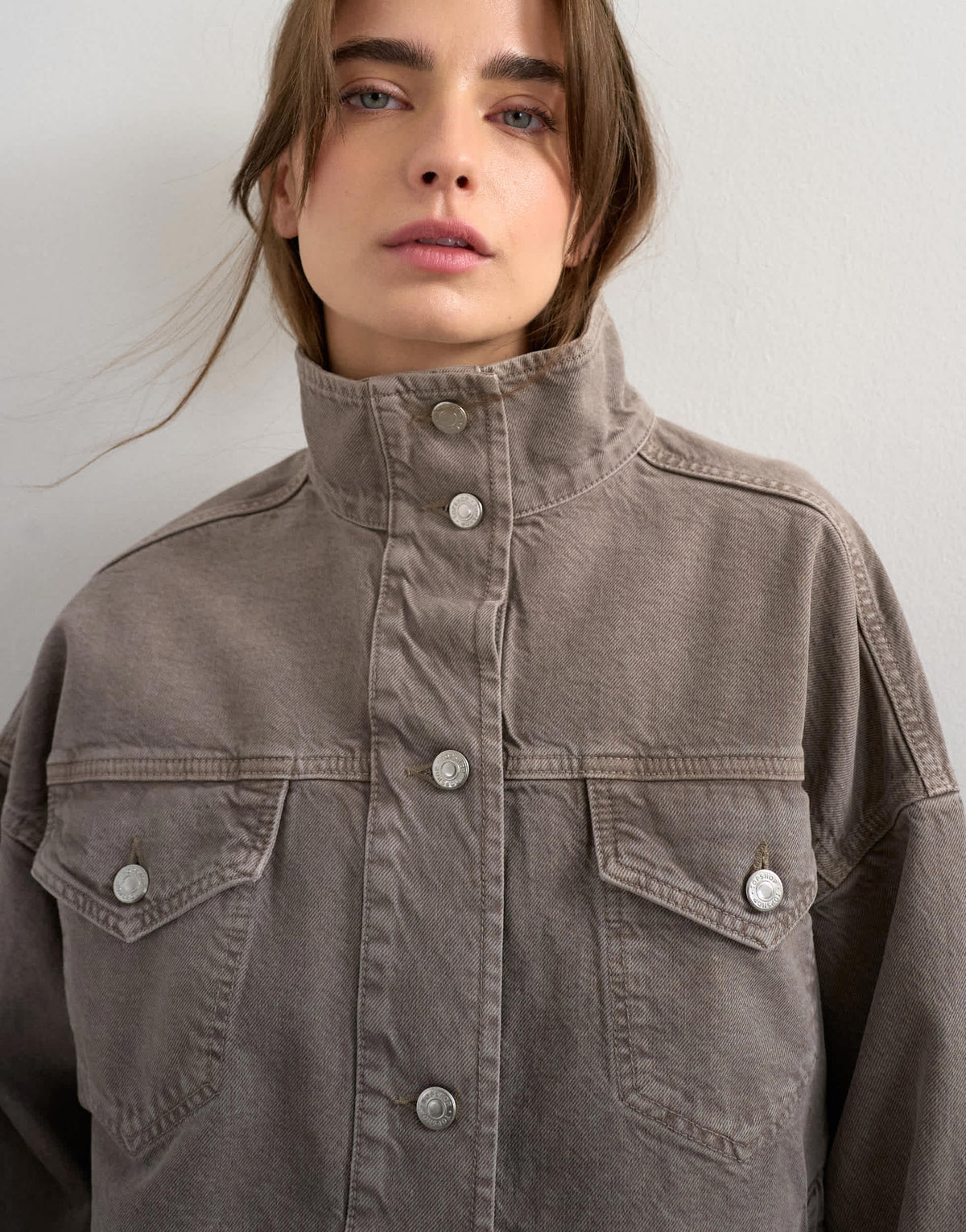 Topshop denim funnel neck elastic hem detail jacket stone