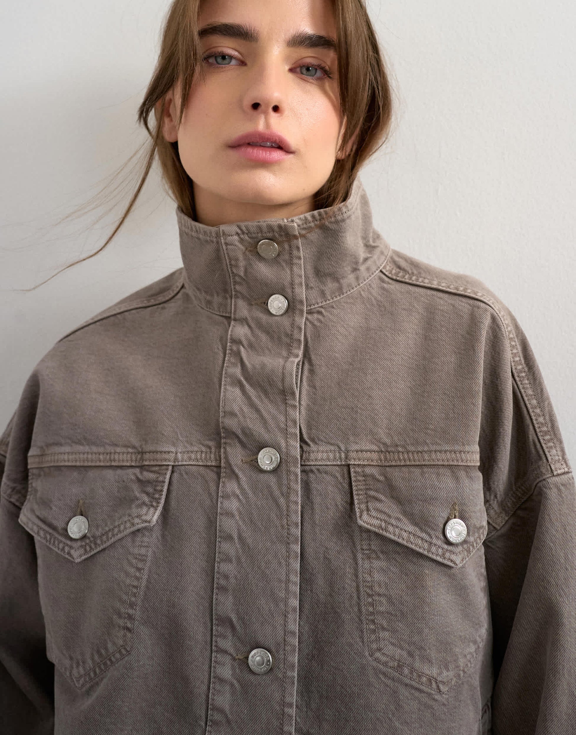 Topshop denim funnel neck elastic hem detail jacket stone