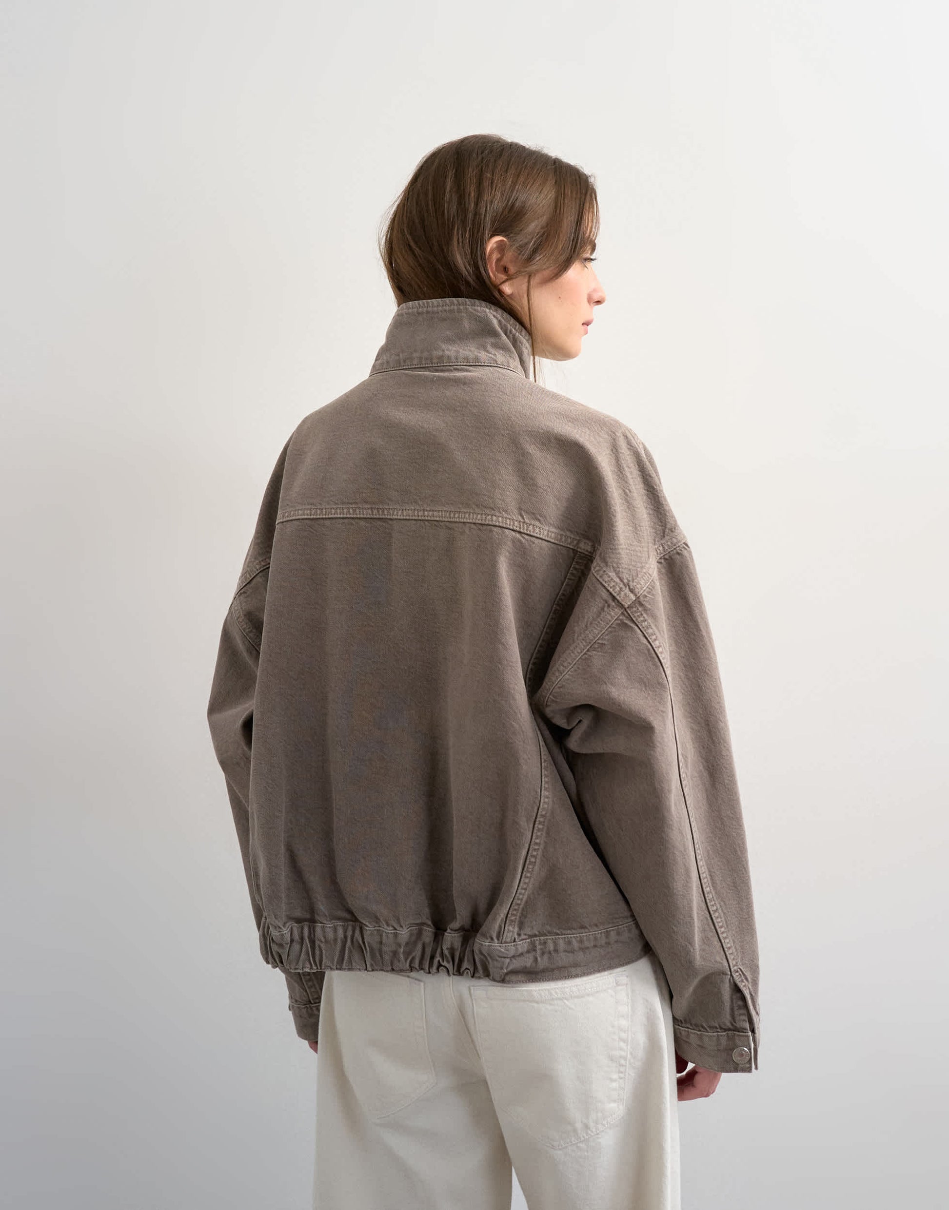Topshop denim funnel neck elastic hem detail jacket stone
