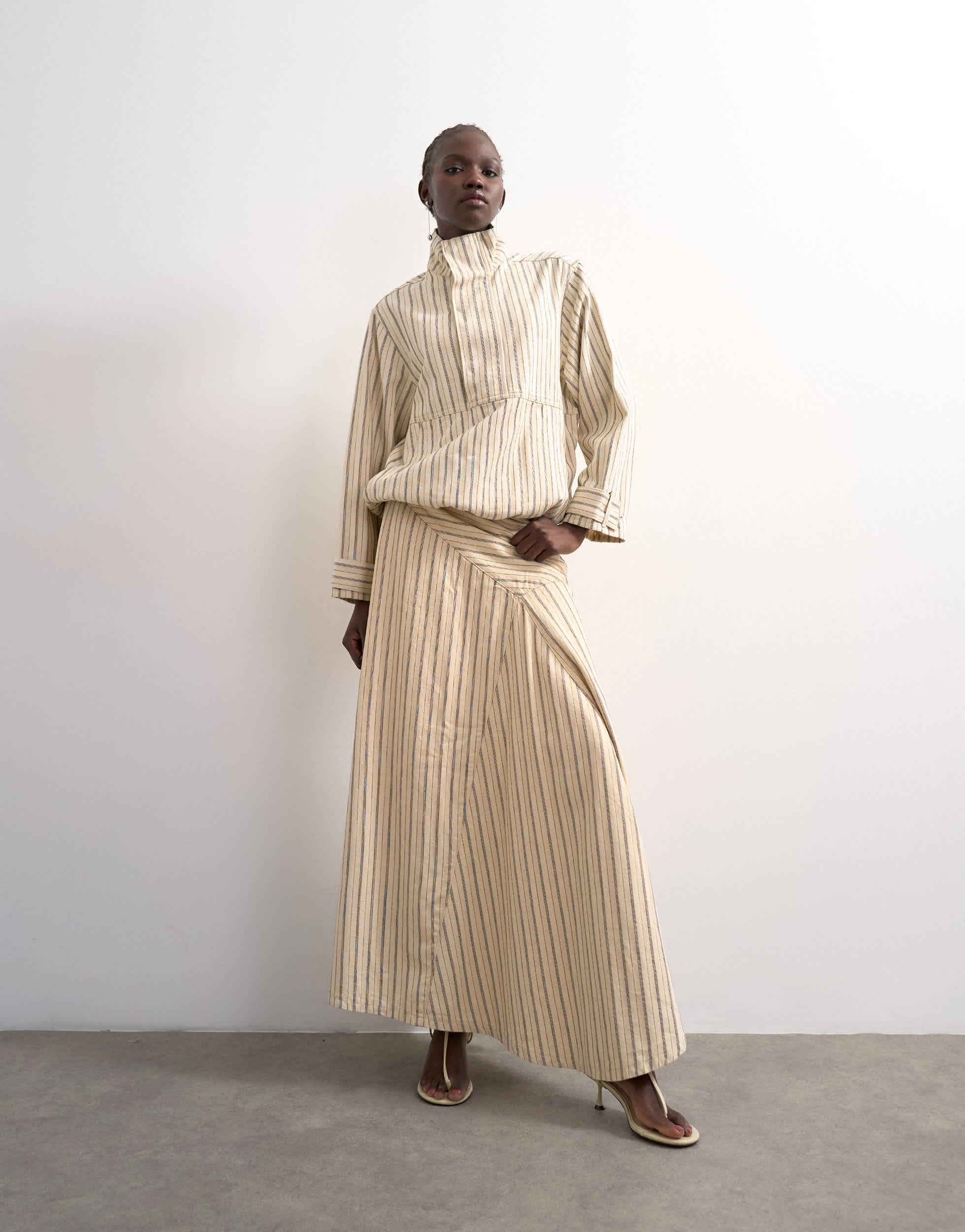 Topshop denim asymmetric dropped waist maxi skirt in ecru stripe