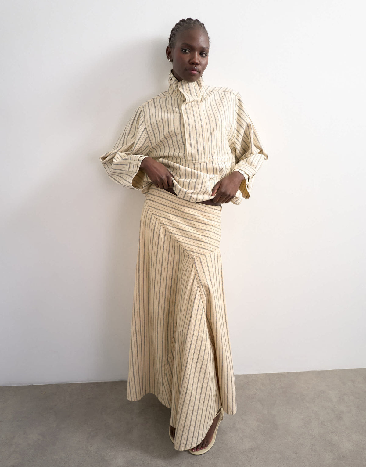 Topshop denim asymmetric dropped waist maxi skirt in ecru stripe