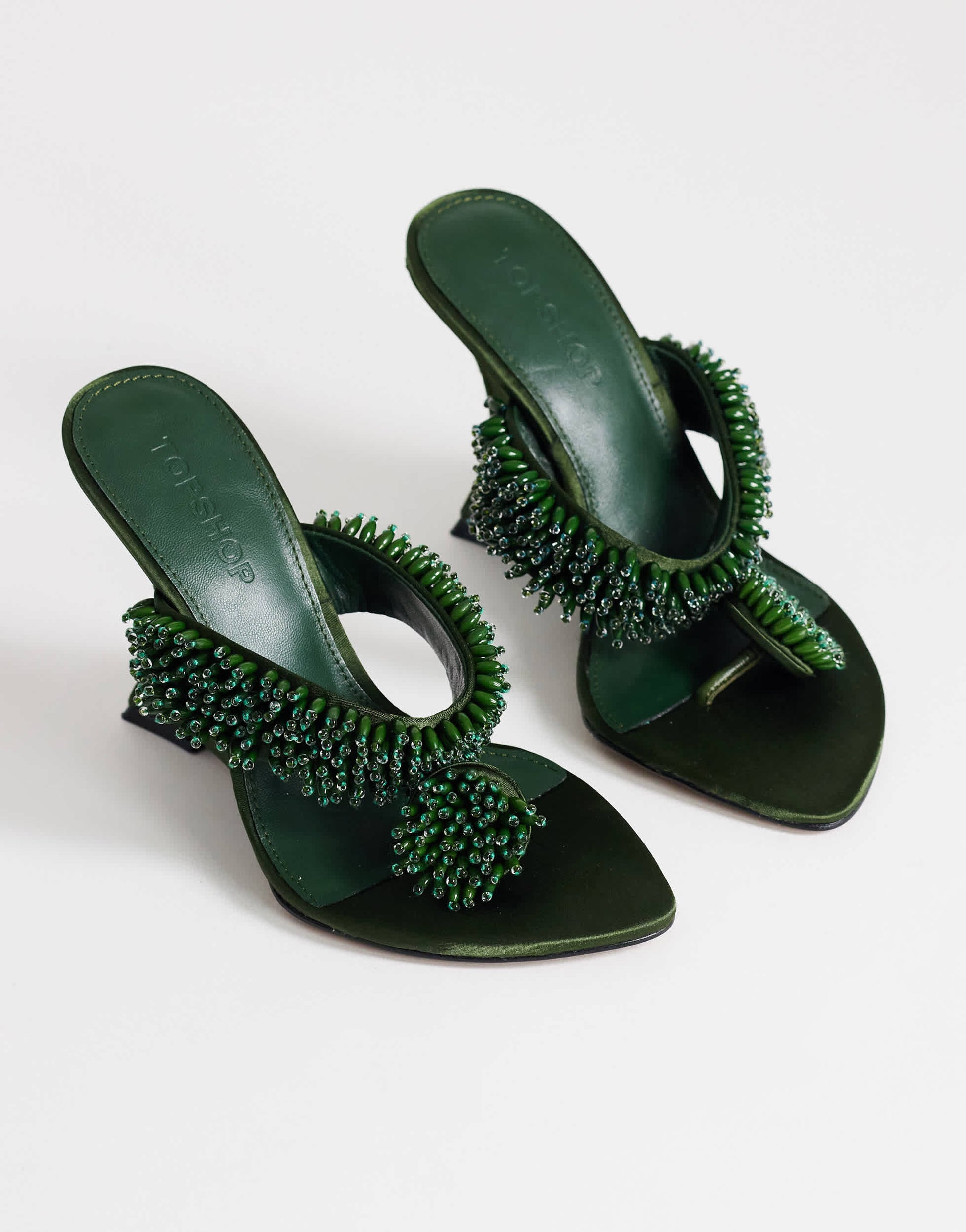 Topshop Nico wedge mule with embellishment in olive satin
