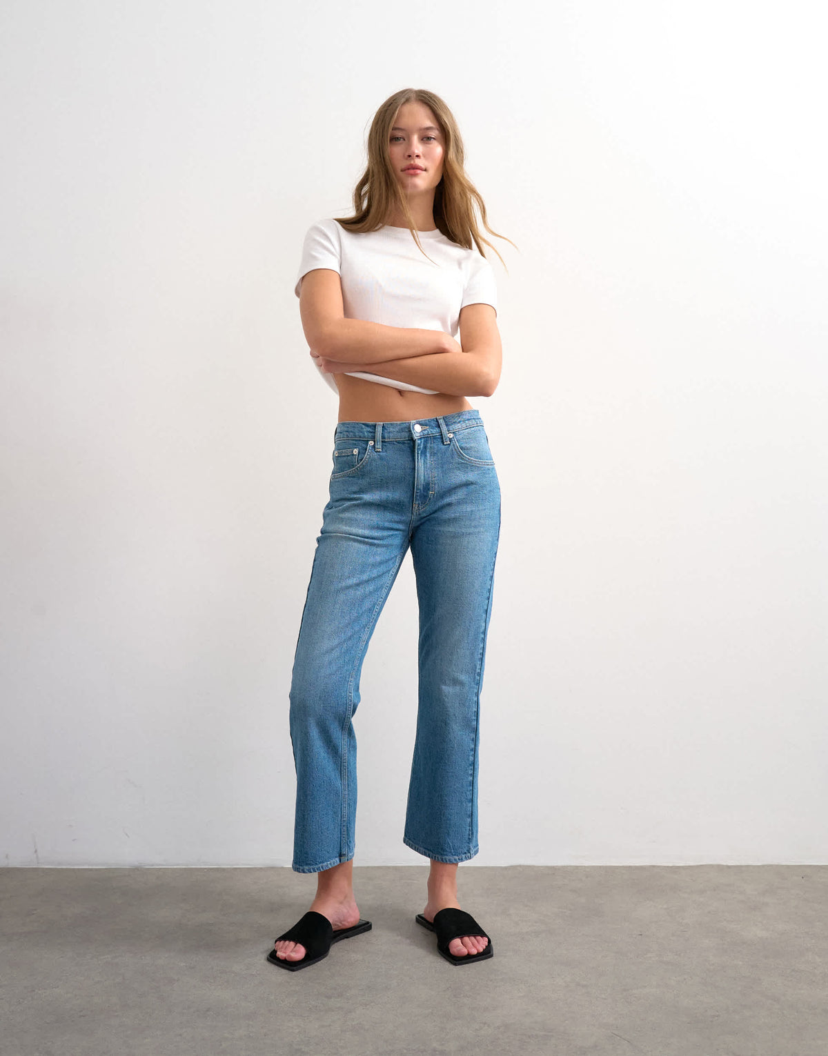 Topshop cropped kick flare in mid blue