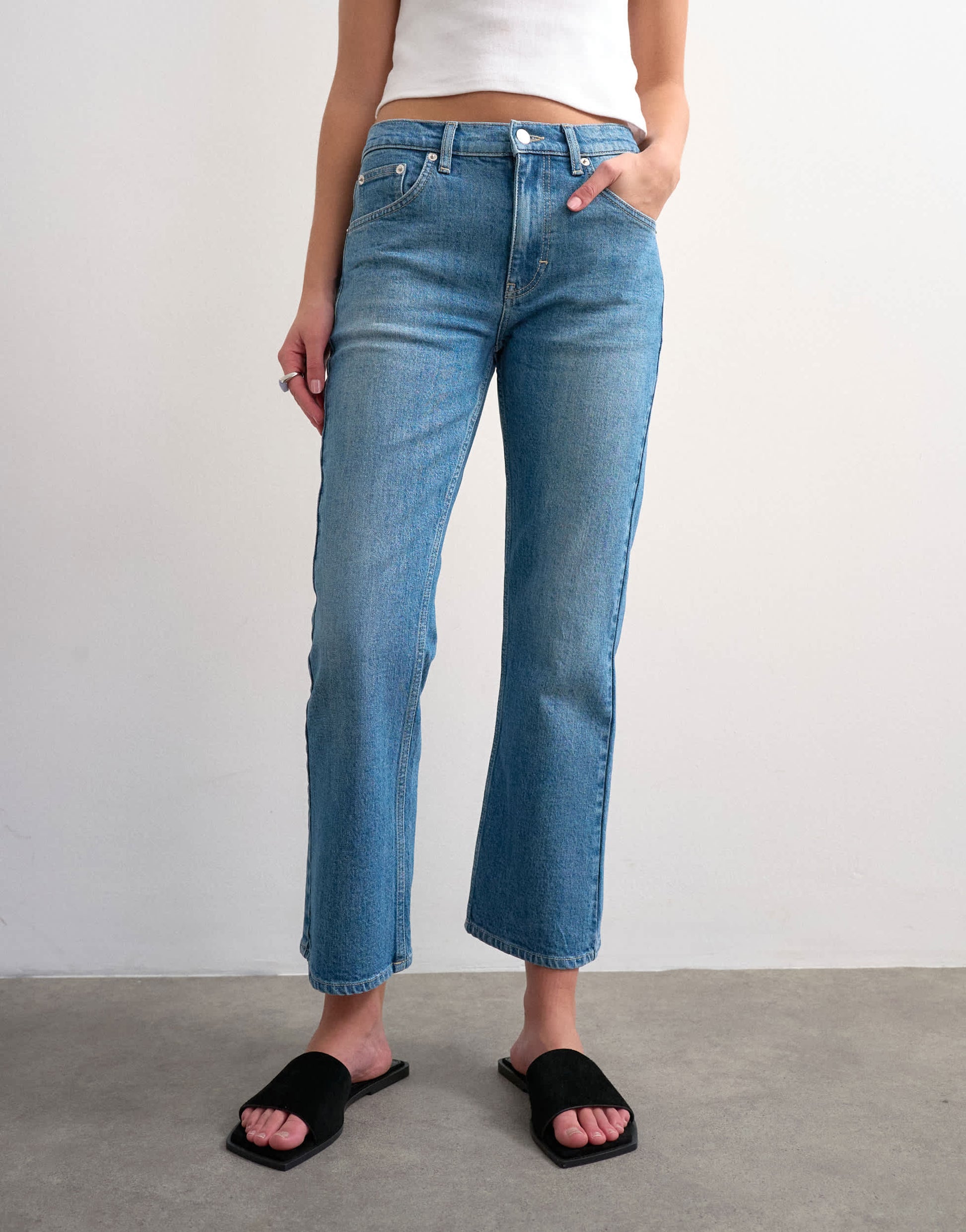 Topshop cropped kick flare in mid blue