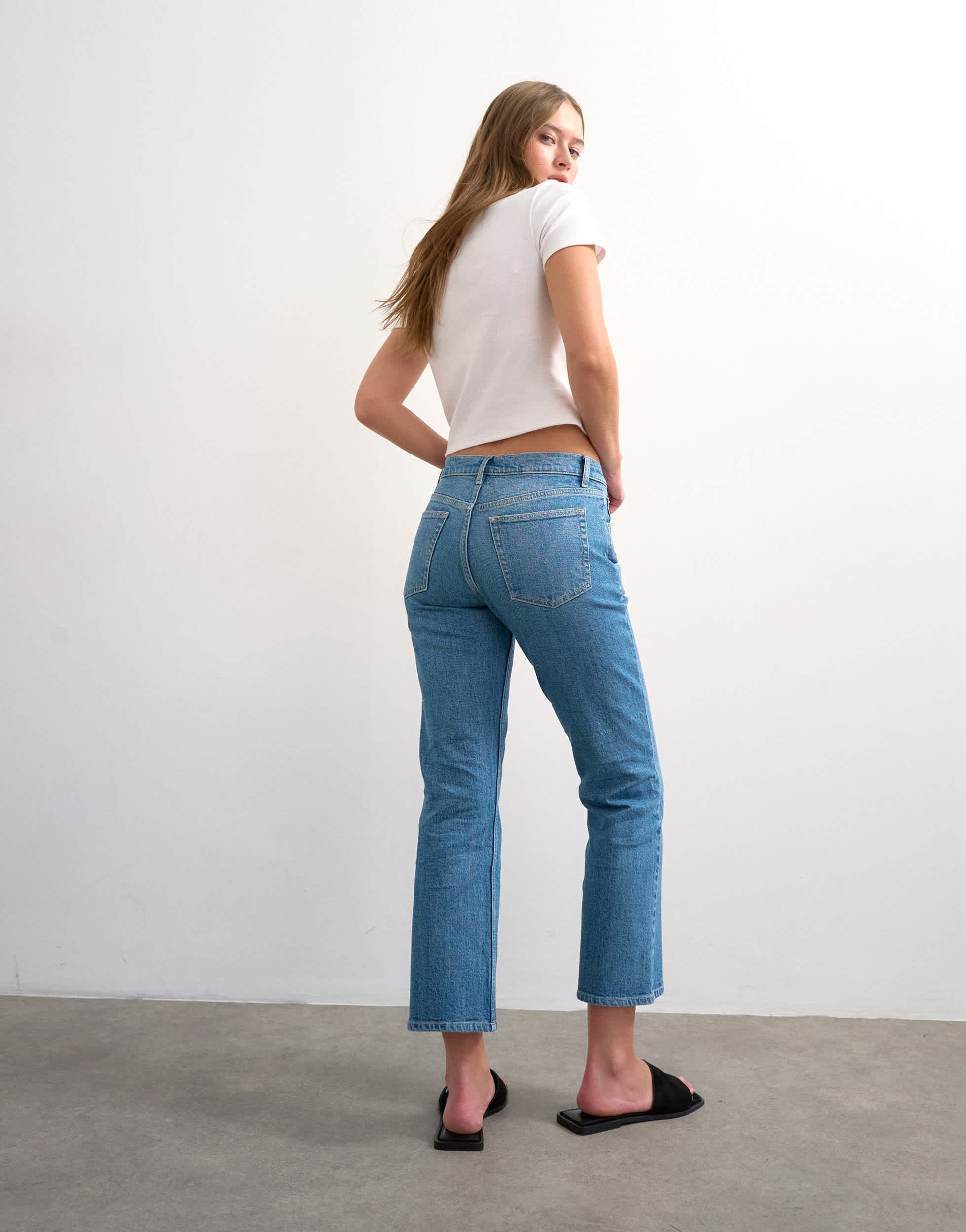 Topshop cropped kick flare in mid blue