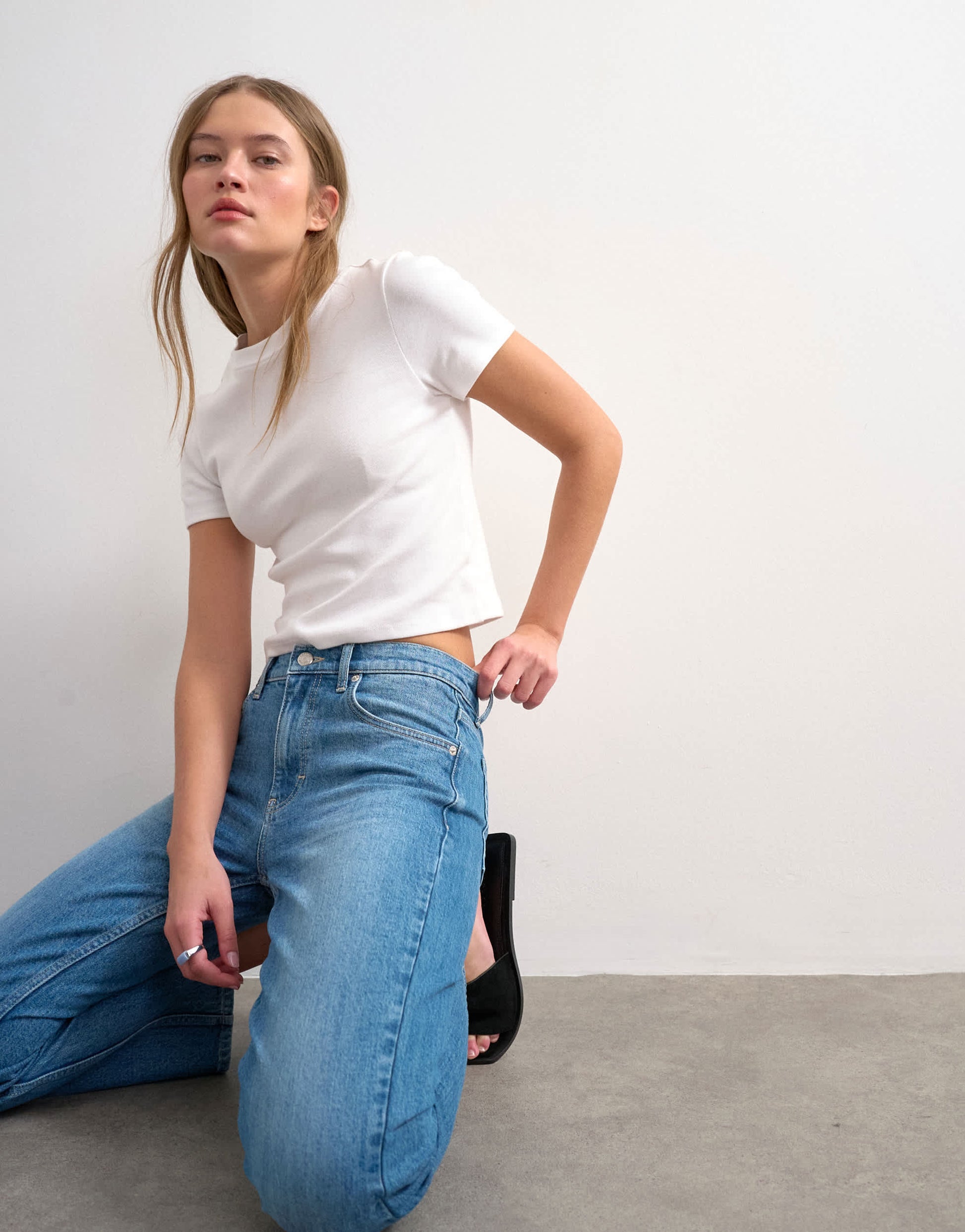 Topshop cropped kick flare in mid blue