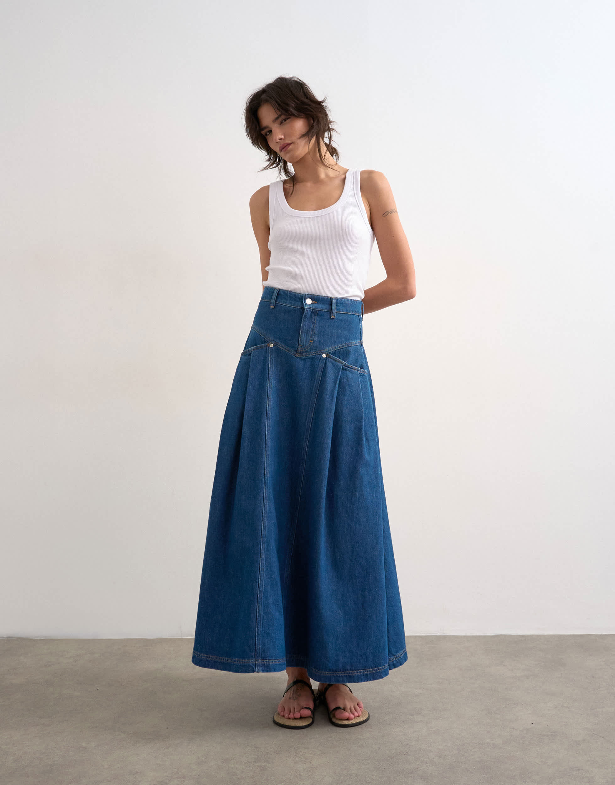 Topshop denim yoke pleated maxi skirt in rich blue