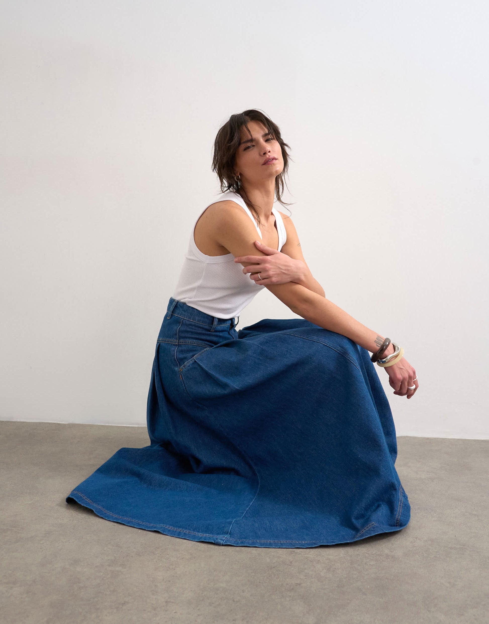 Topshop denim yoke pleated maxi skirt in rich blue