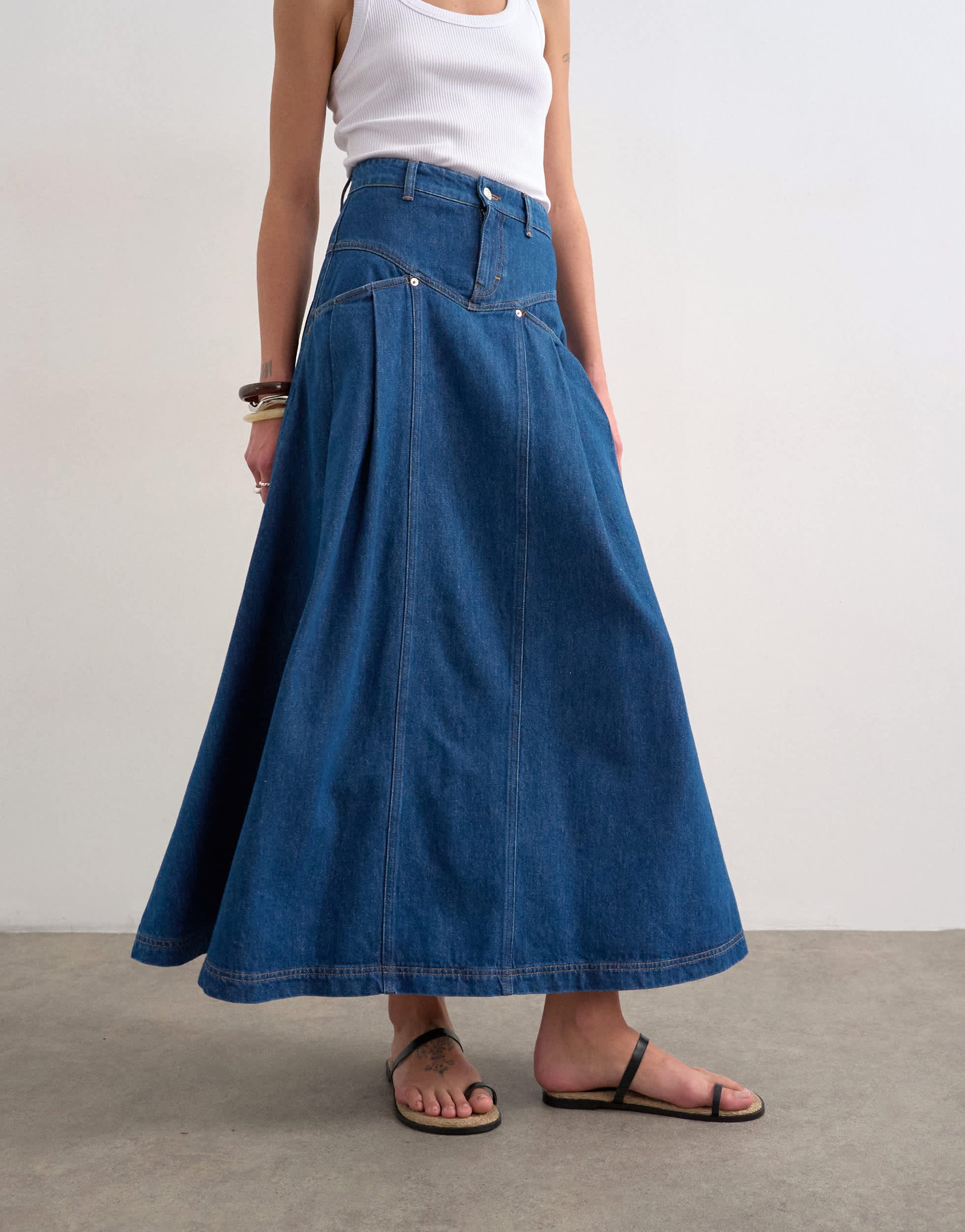 Topshop denim yoke pleated maxi skirt in rich blue