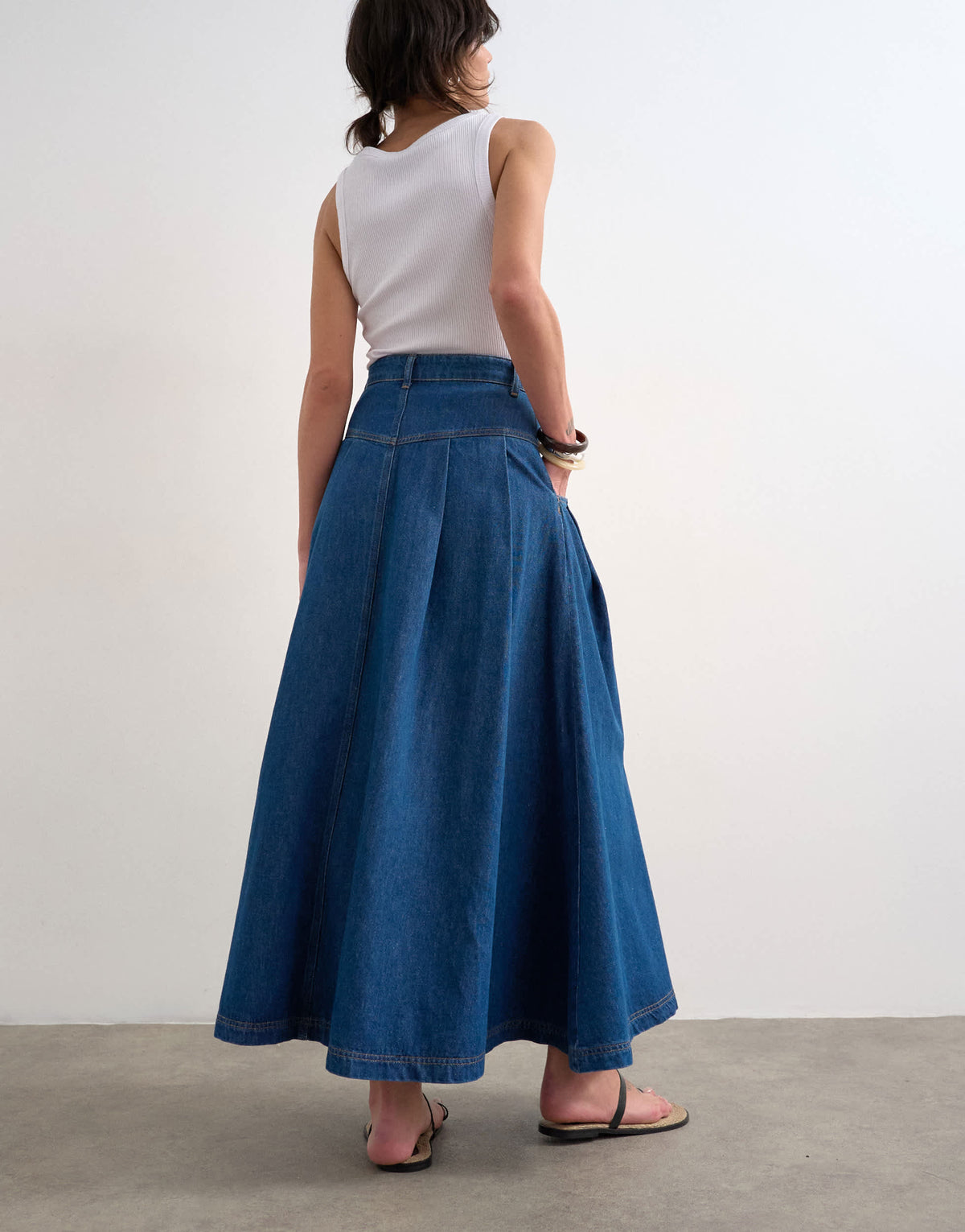 Topshop denim yoke pleated maxi skirt in rich blue