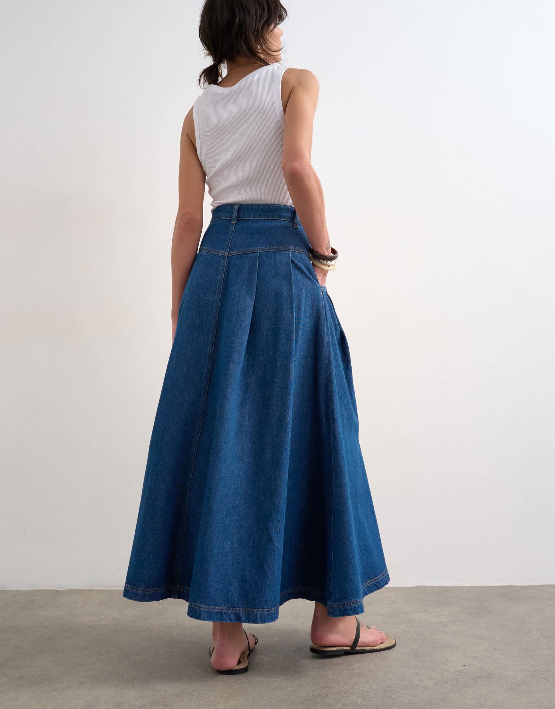 Topshop denim yoke pleated maxi skirt in rich blue
