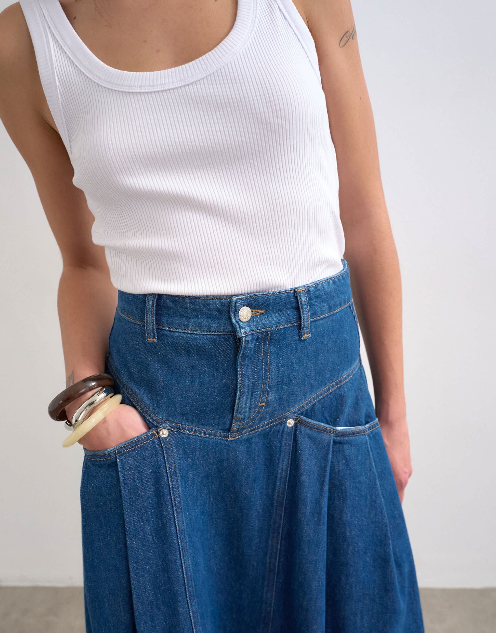 Topshop denim yoke pleated maxi skirt in rich blue