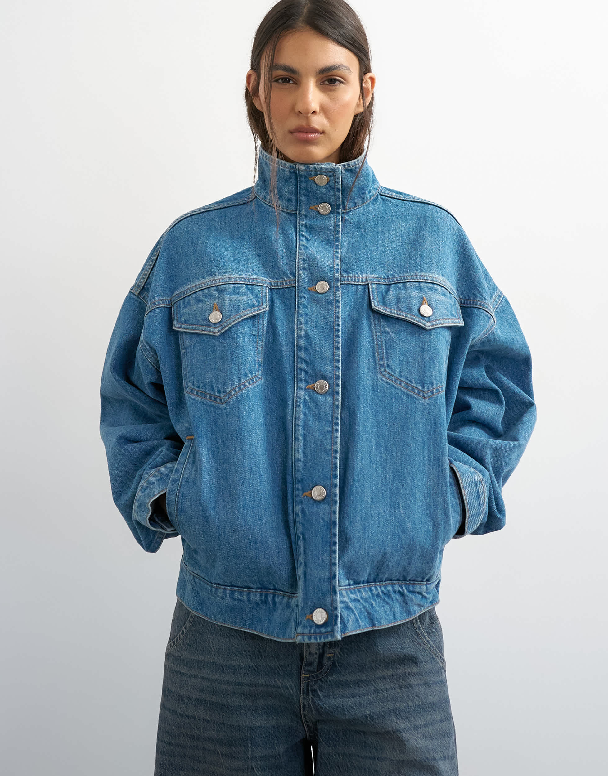 Topshop funnel neck elastic hem detail jacket mid blue