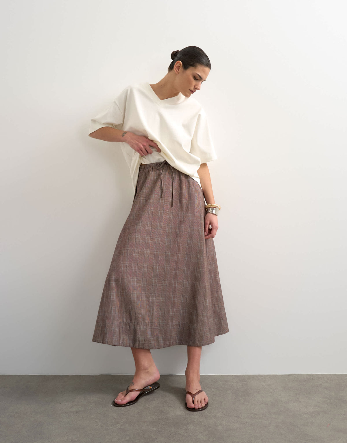 Topshop co ord check tie waist pleated maxi skirt in brown