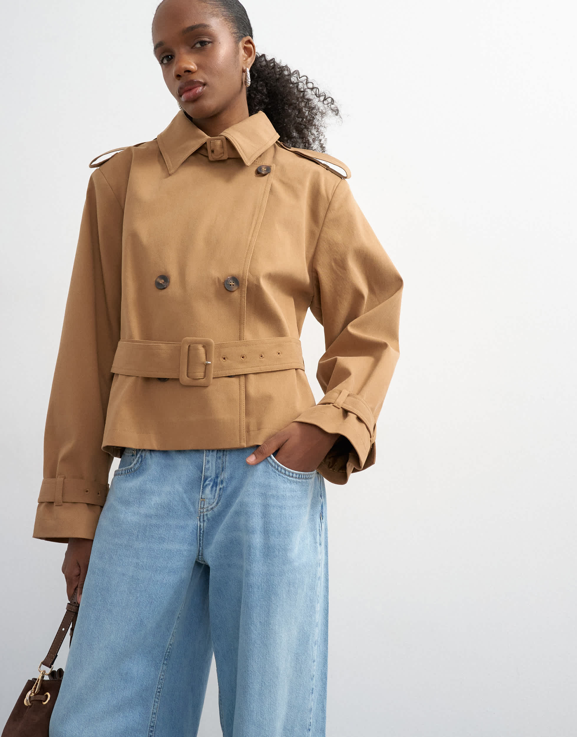 Topshop cropped funnel neck trench in camel