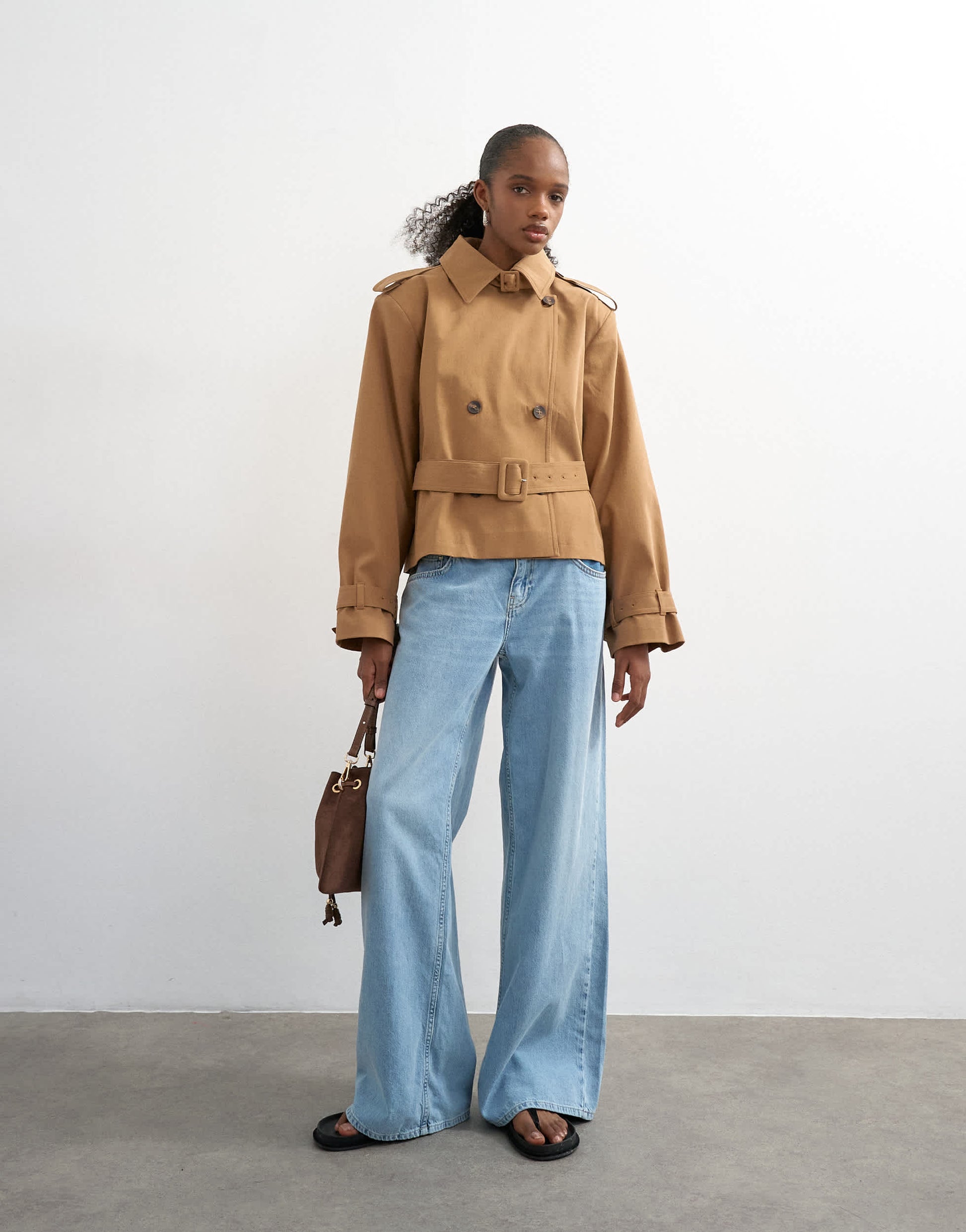 Topshop cropped funnel neck trench in camel