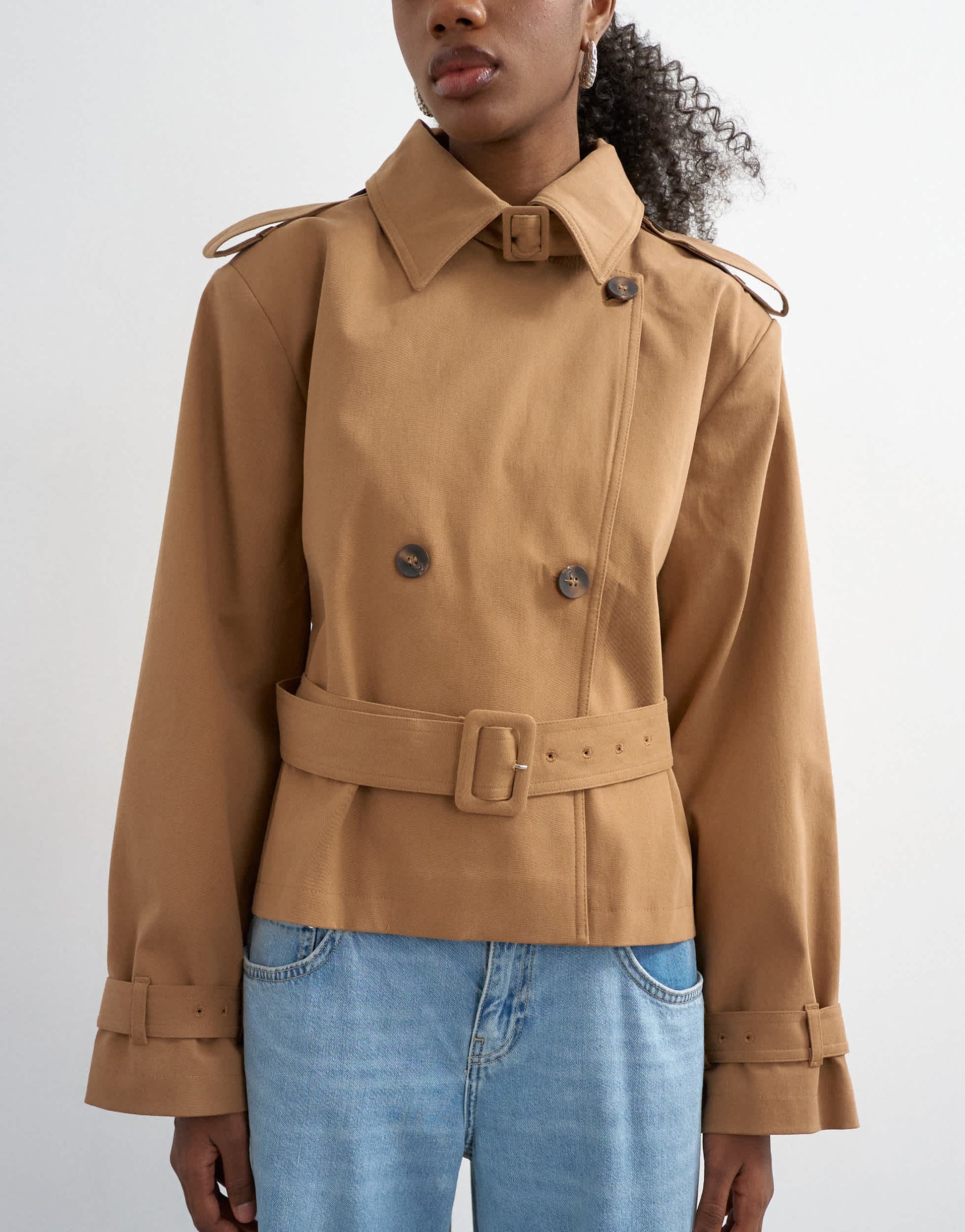 Topshop cropped funnel neck trench in camel