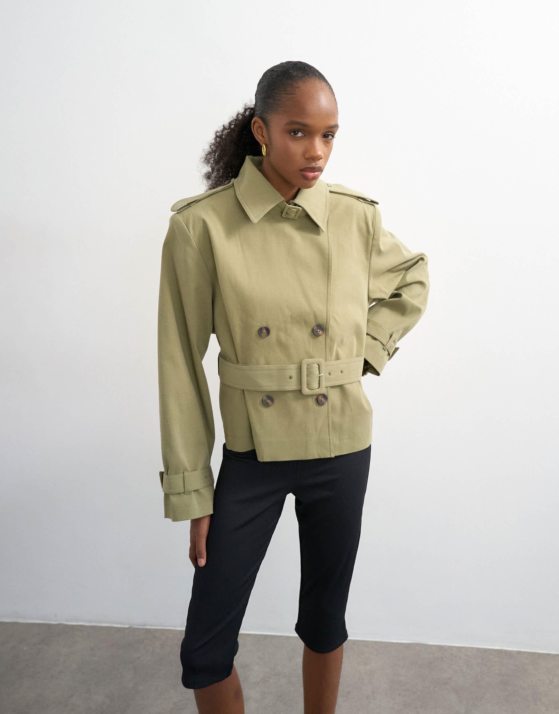Topshop cropped funnel neck trench in khaki