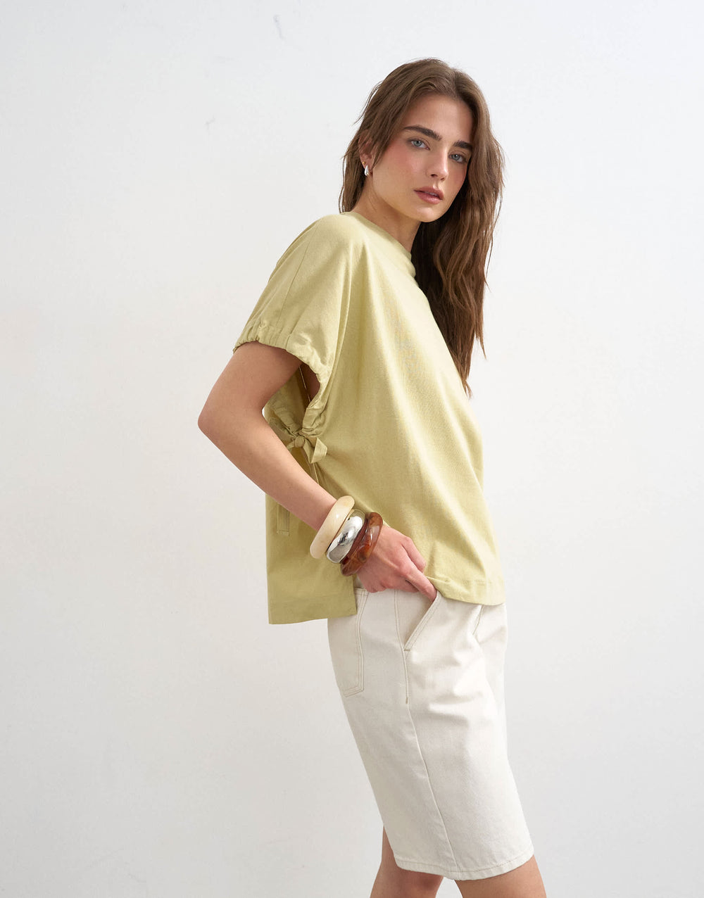Topshop hybrid tie sleeve tee in soft khaki