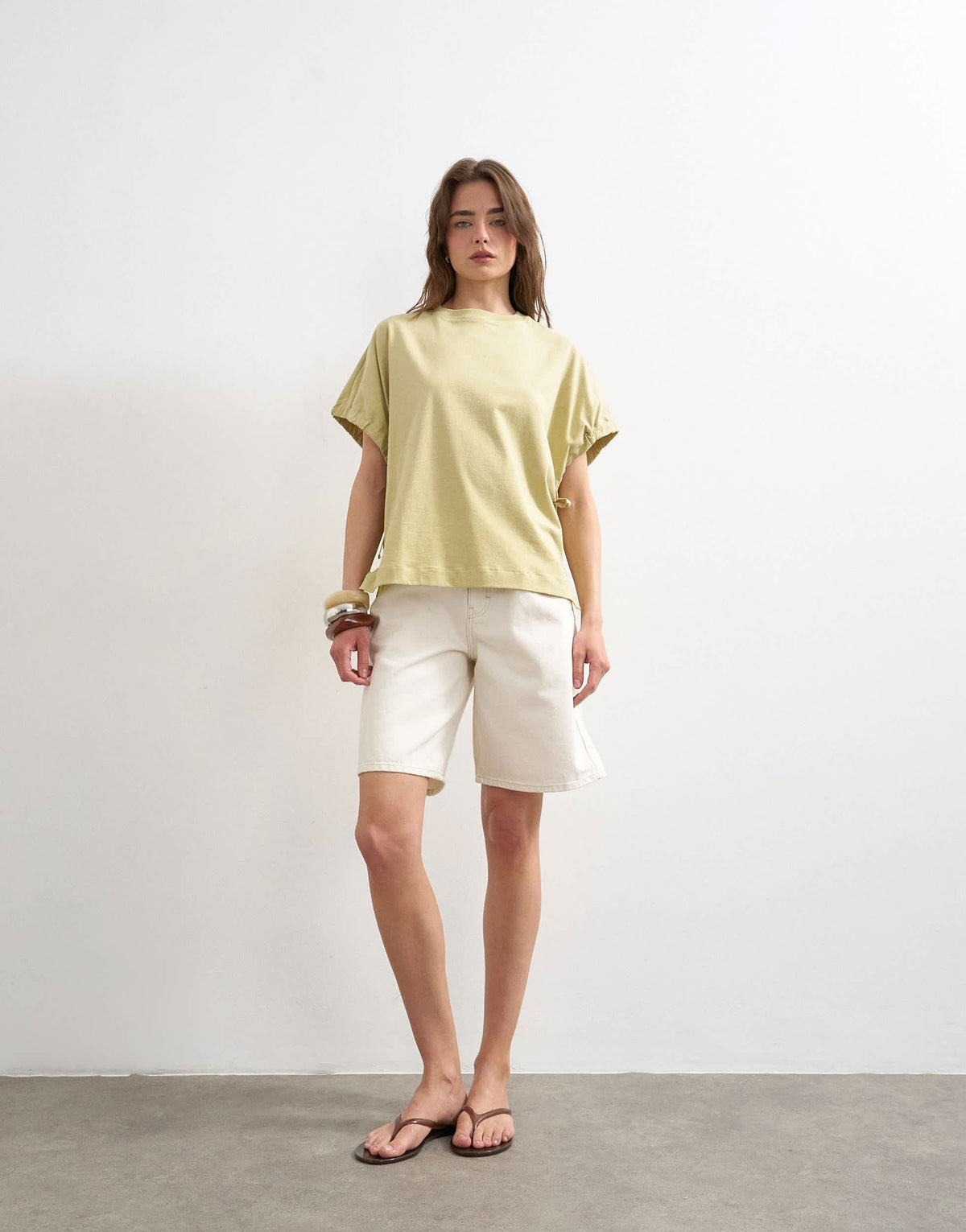 Topshop hybrid tie sleeve tee in soft khaki
