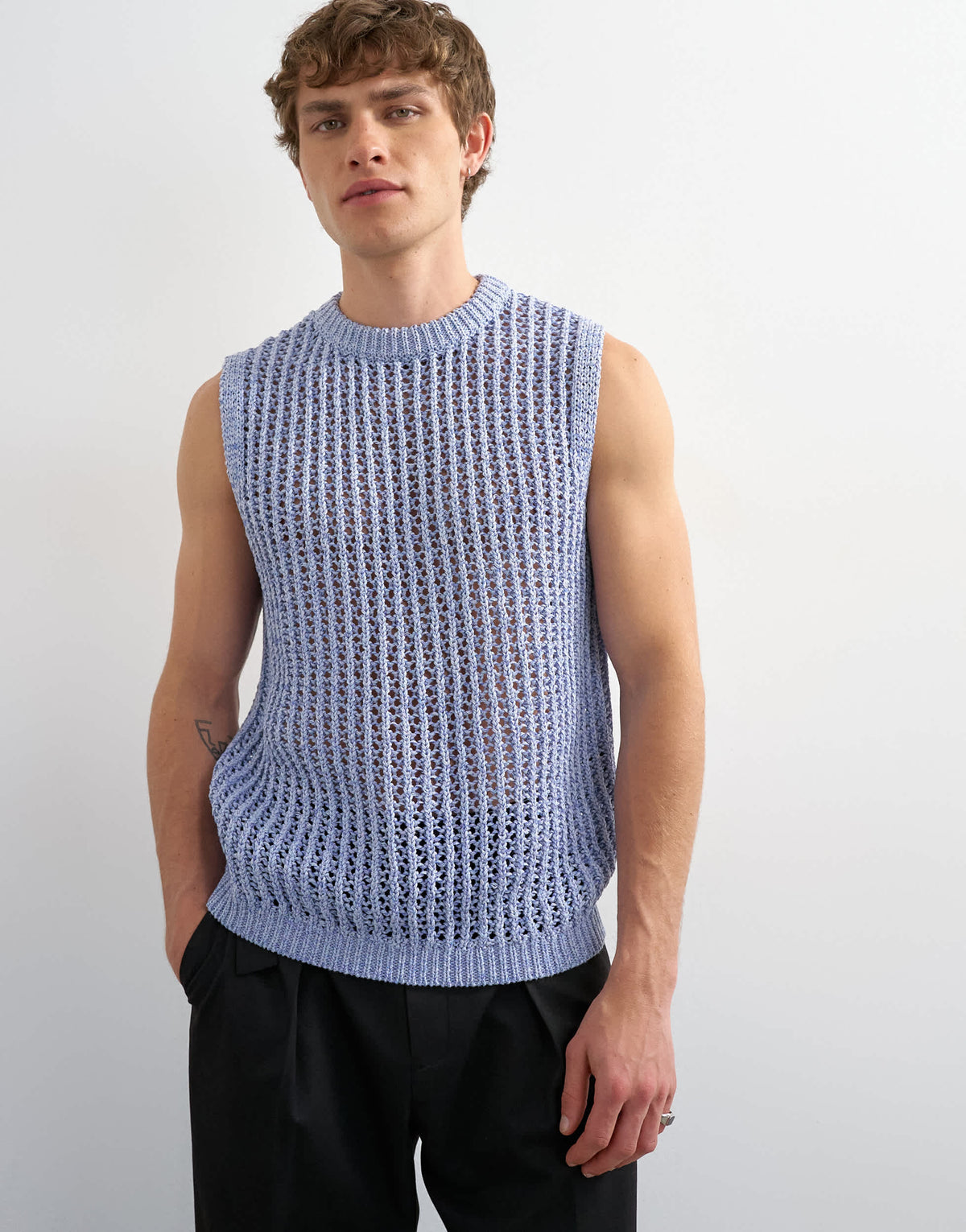Topman relaxed fit knitted crochet tank in blue
